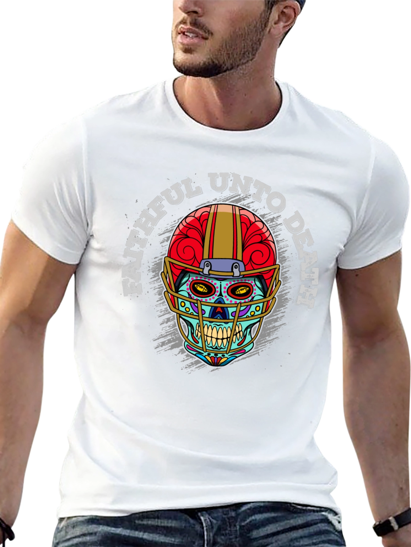 Faithful Unto Death Sugar Skull Football T-Shirt