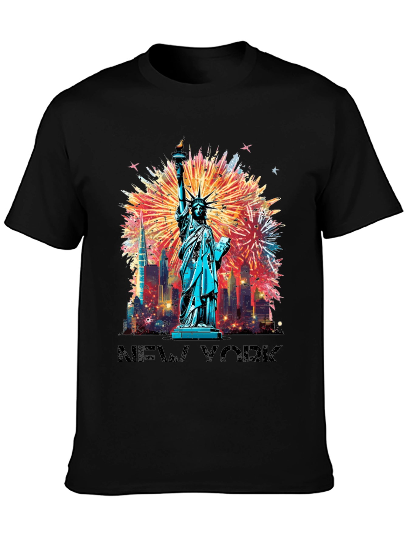 New York Fireworks Graphic Tee - Statue of Liberty Shirt