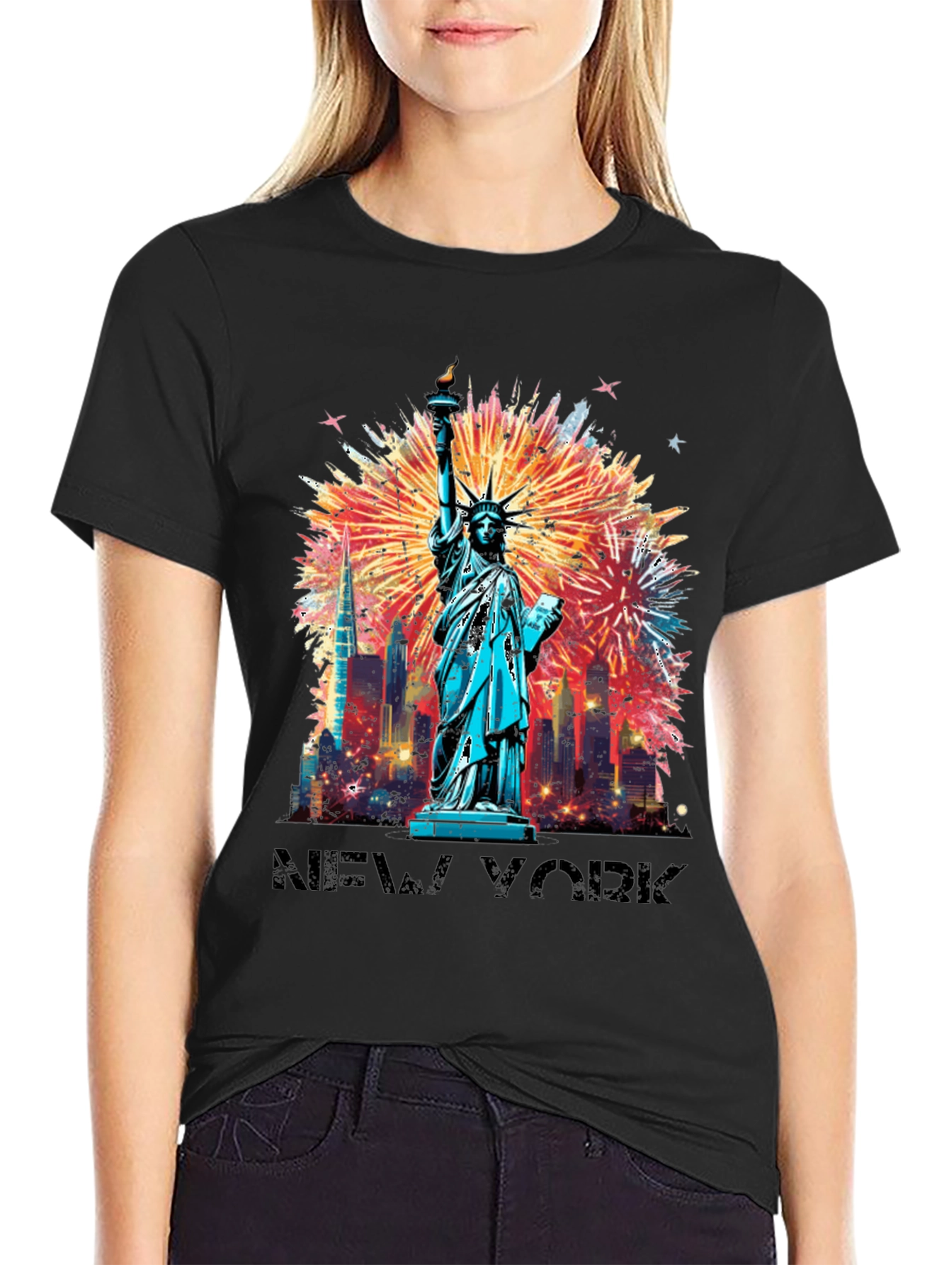 New York Fireworks Graphic Tee - Statue of Liberty Shirt