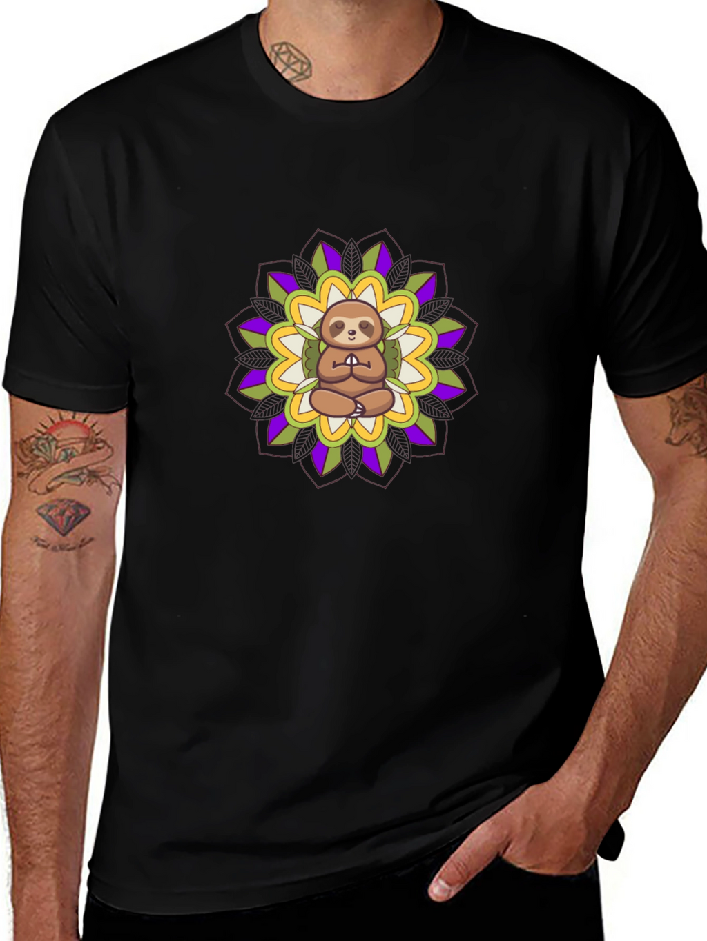 Meditating Sloth Mandala T-Shirt - Black
