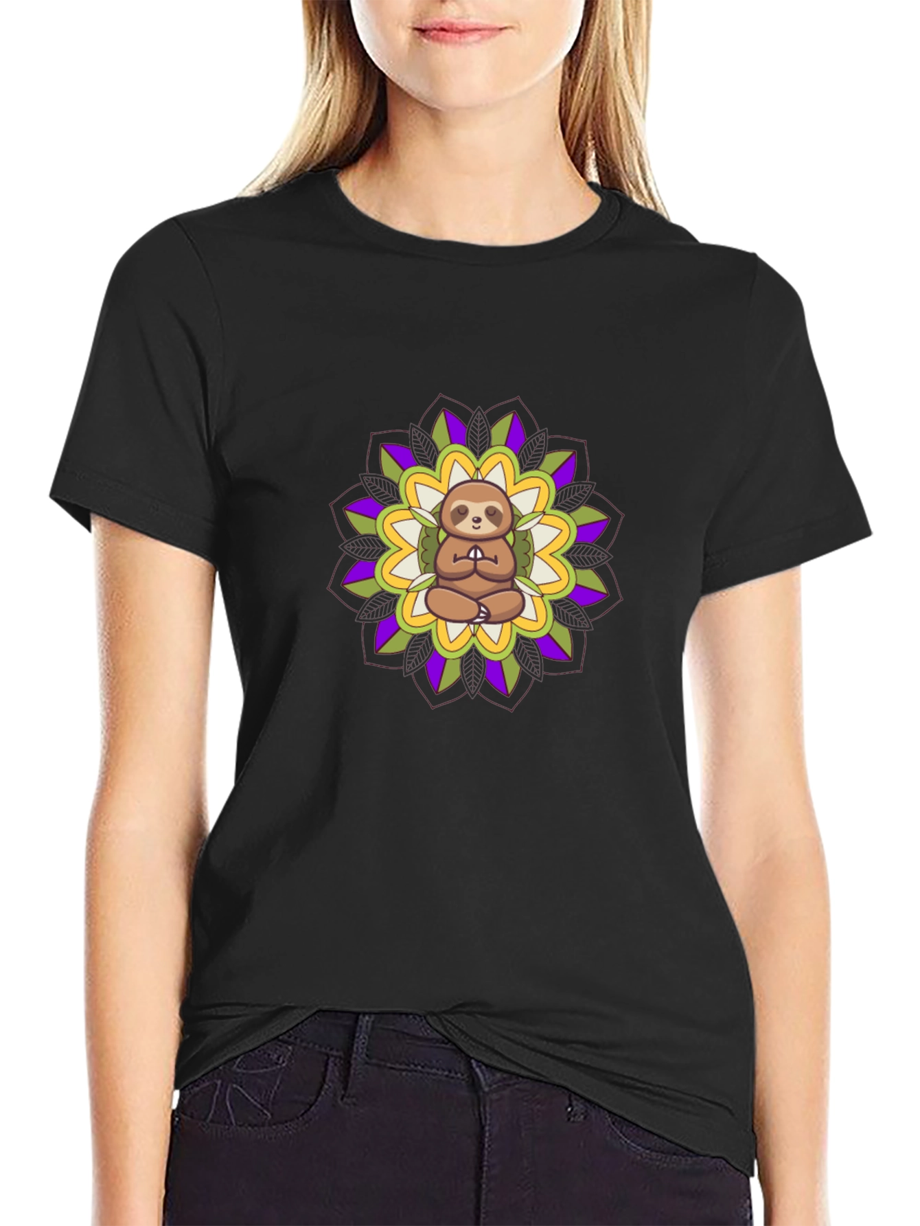 Meditating Sloth Mandala T-Shirt - Black