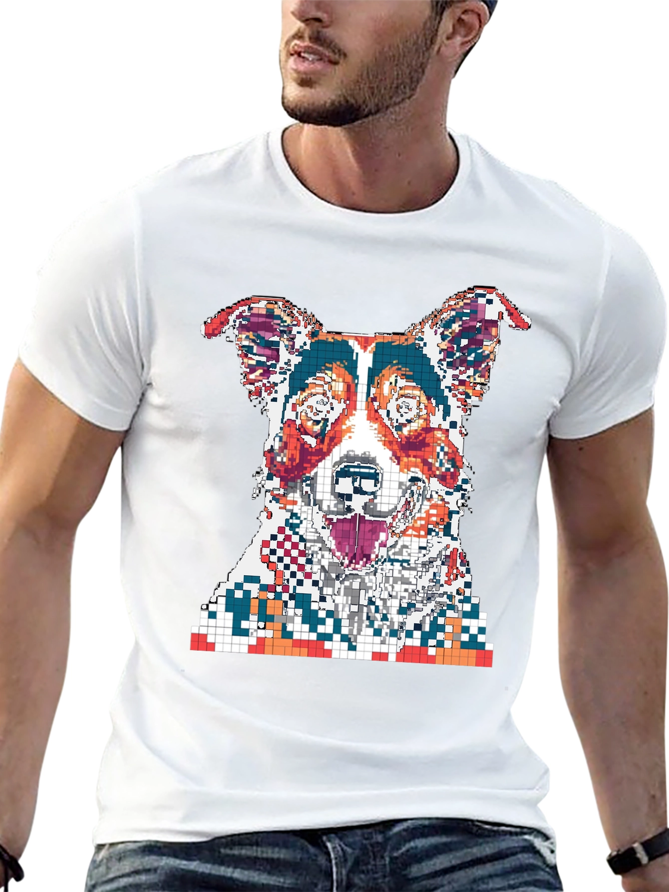 Pixelated Dog Graphic Print Black T-Shirt