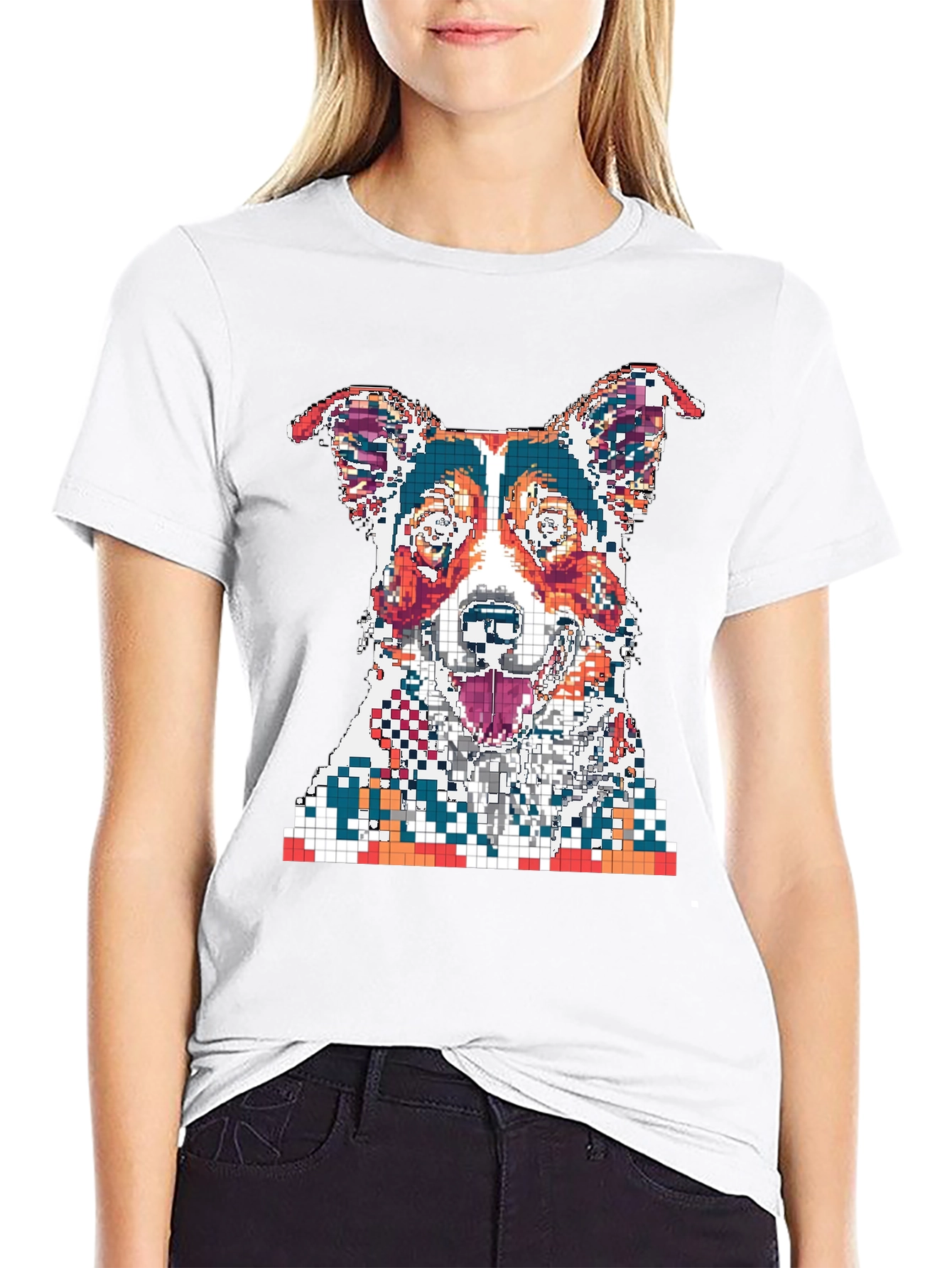 Pixelated Dog Graphic Print Black T-Shirt