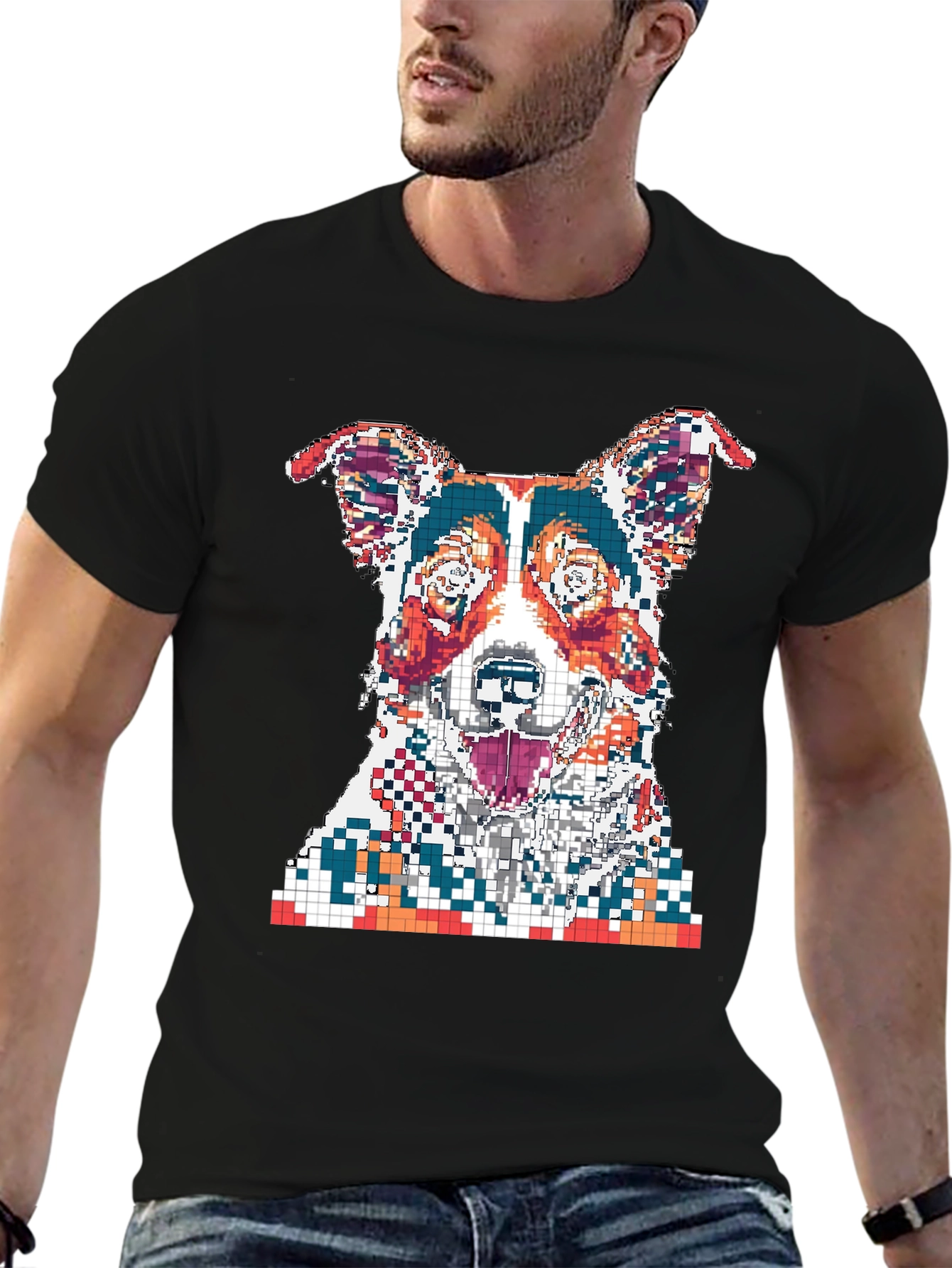 Pixelated Dog Graphic Print Black T-Shirt