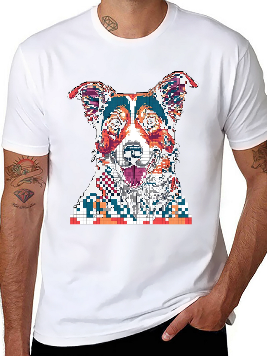Pixelated Dog Graphic Print Black T-Shirt