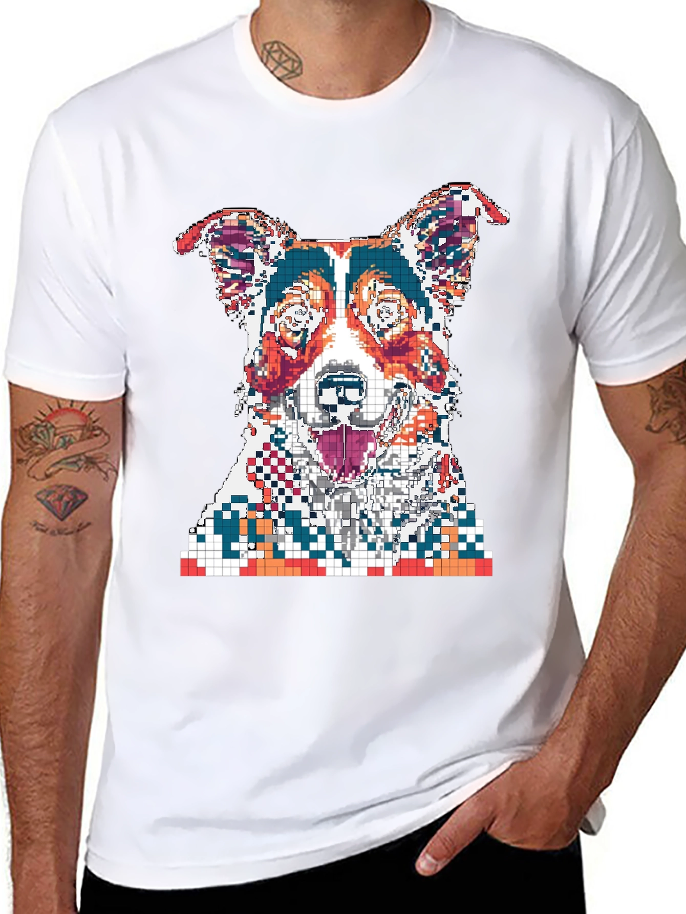 Pixelated Dog Graphic Print Black T-Shirt