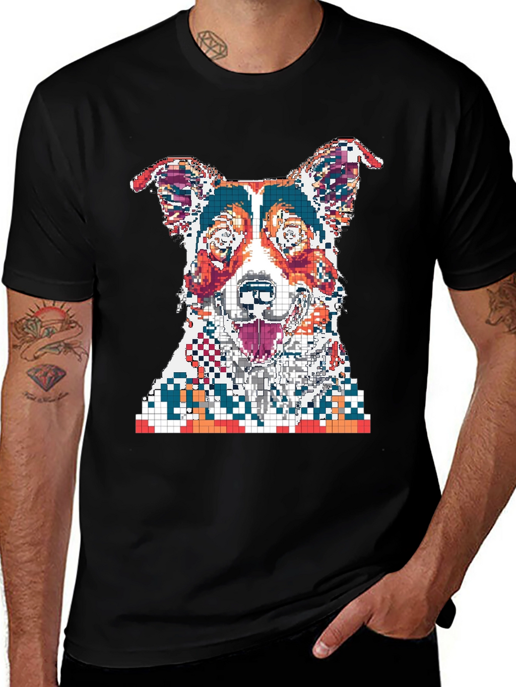 Pixelated Dog Graphic Print Black T-Shirt