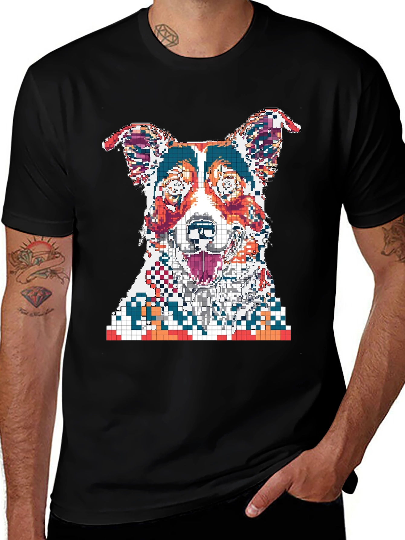 Pixelated Dog Graphic Print Black T-Shirt