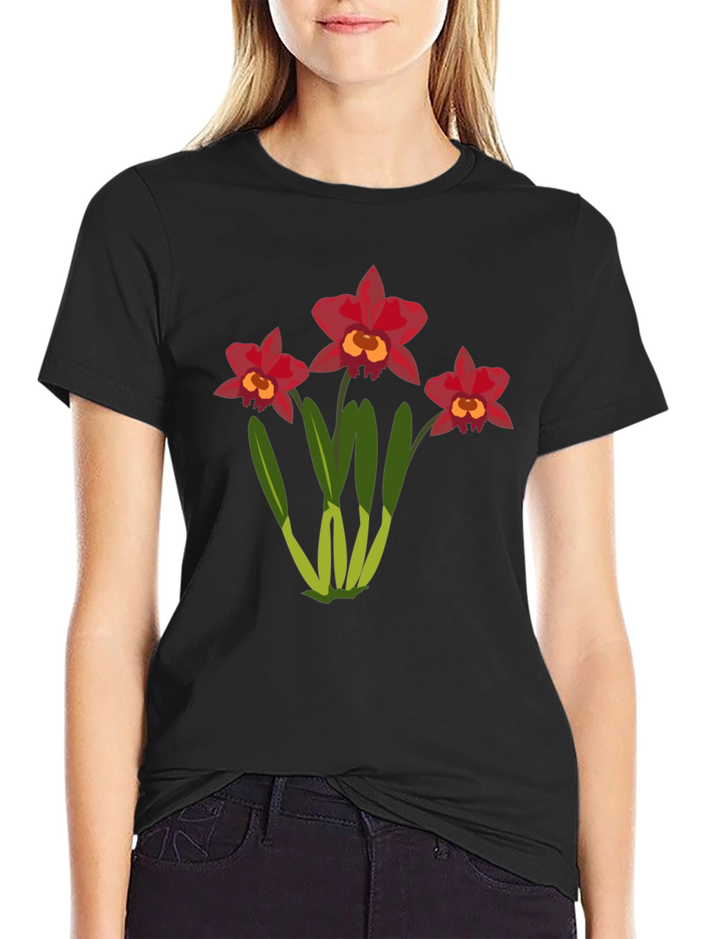 Floral T-Shirt: Red Orchid Design