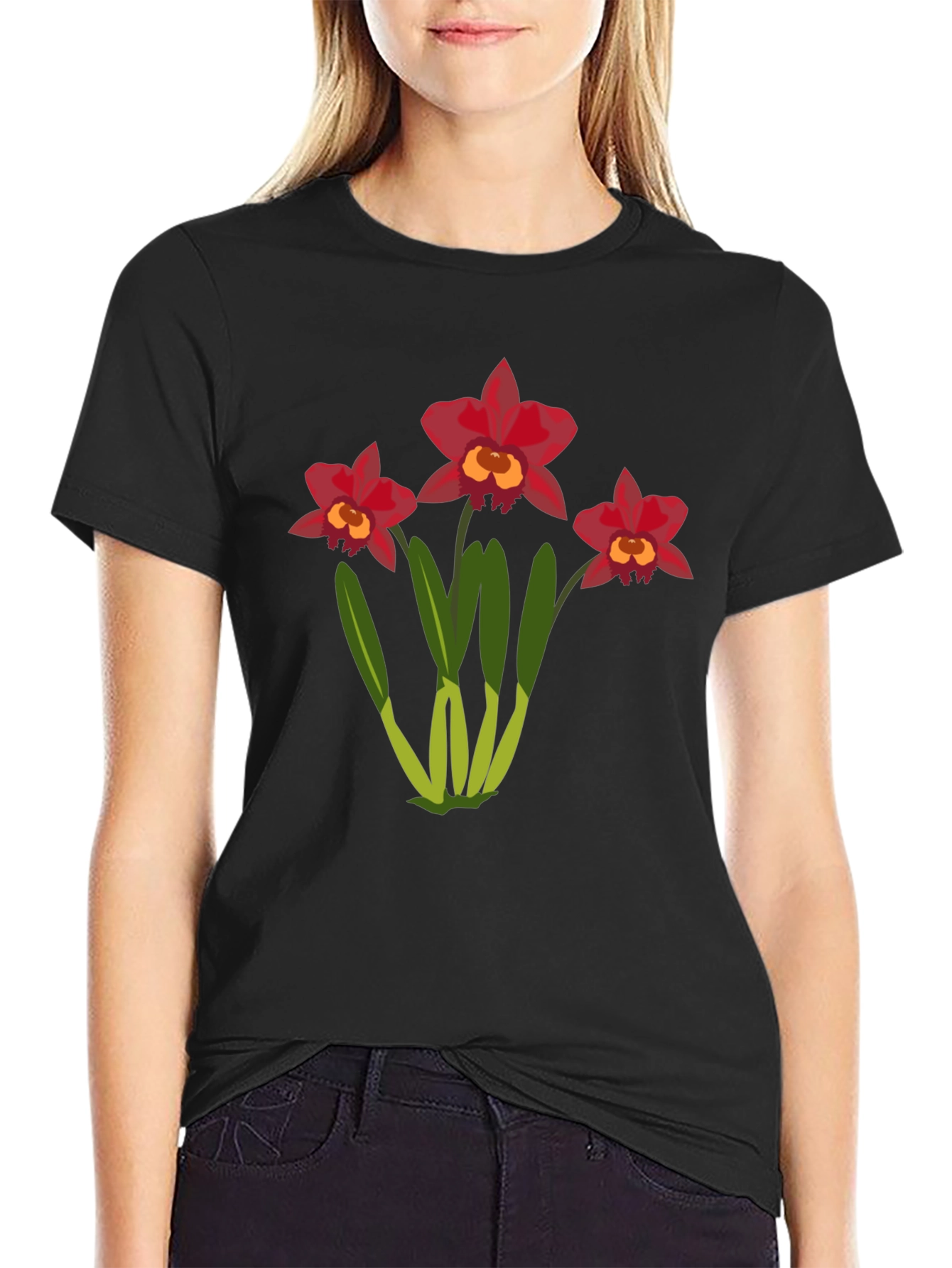 Floral T-Shirt: Red Orchid Design