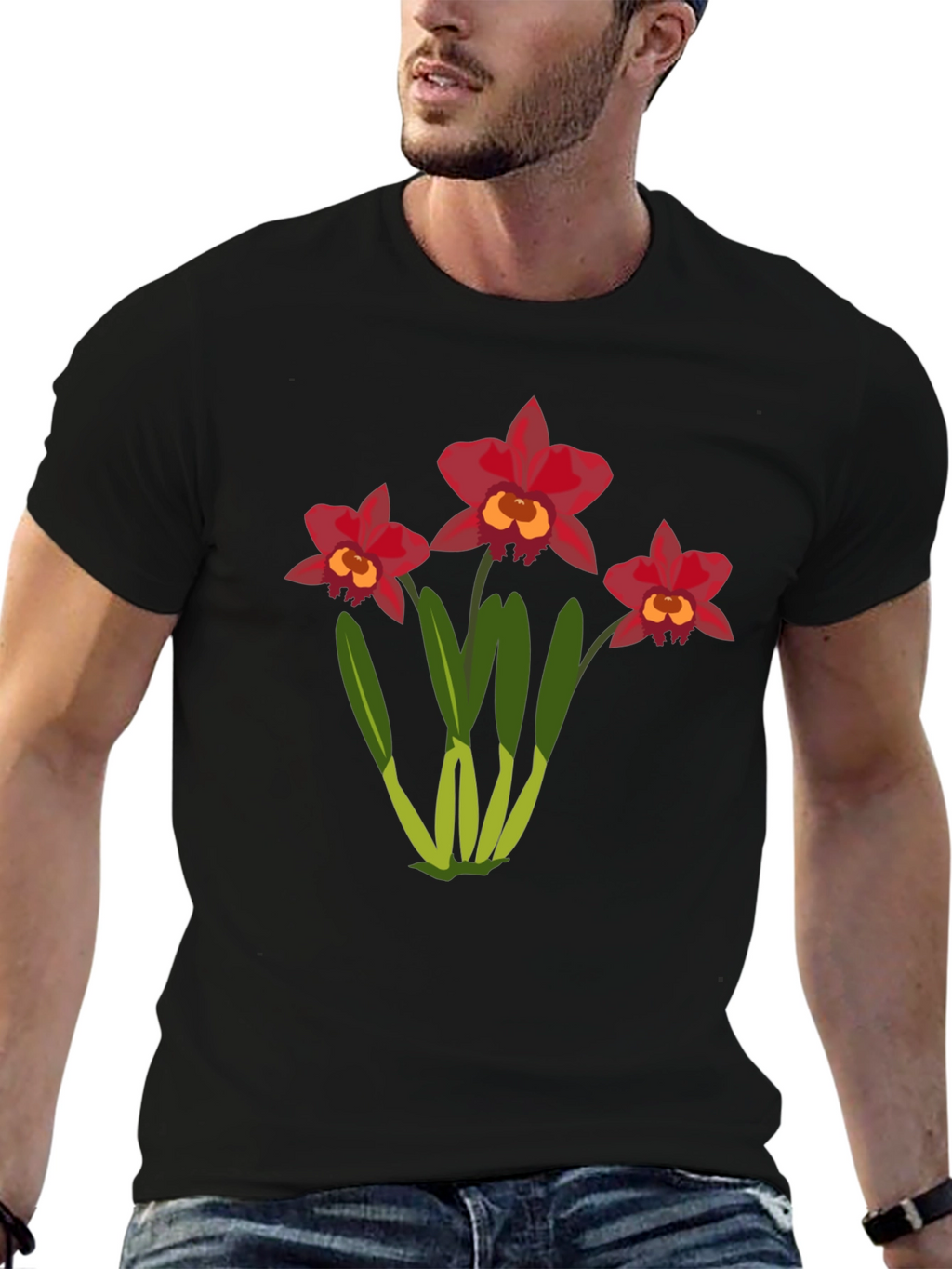 Floral T-Shirt: Red Orchid Design