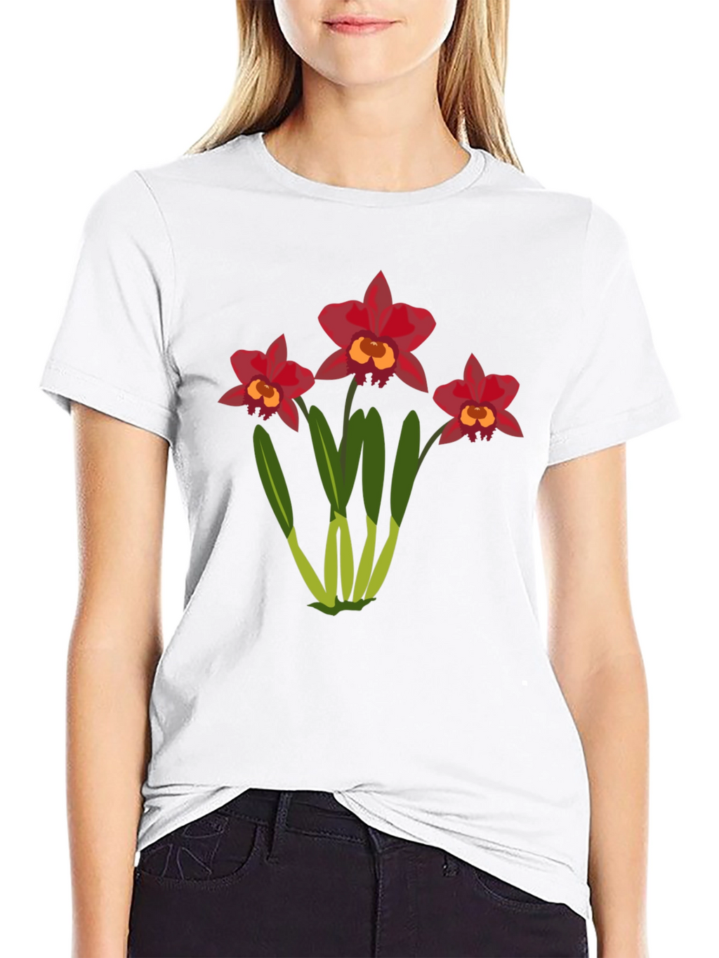 Floral T-Shirt: Red Orchid Design