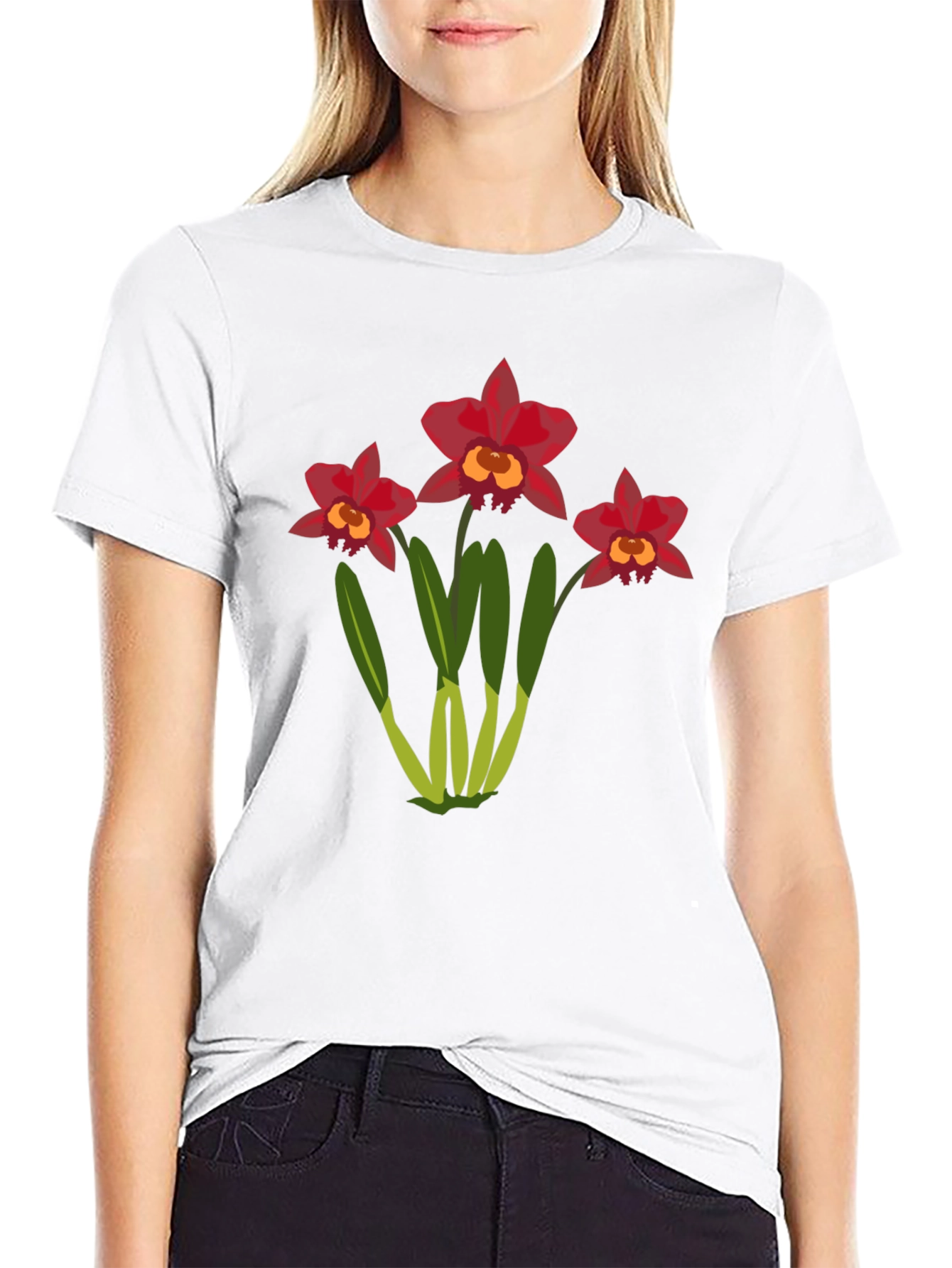 Floral T-Shirt: Red Orchid Design