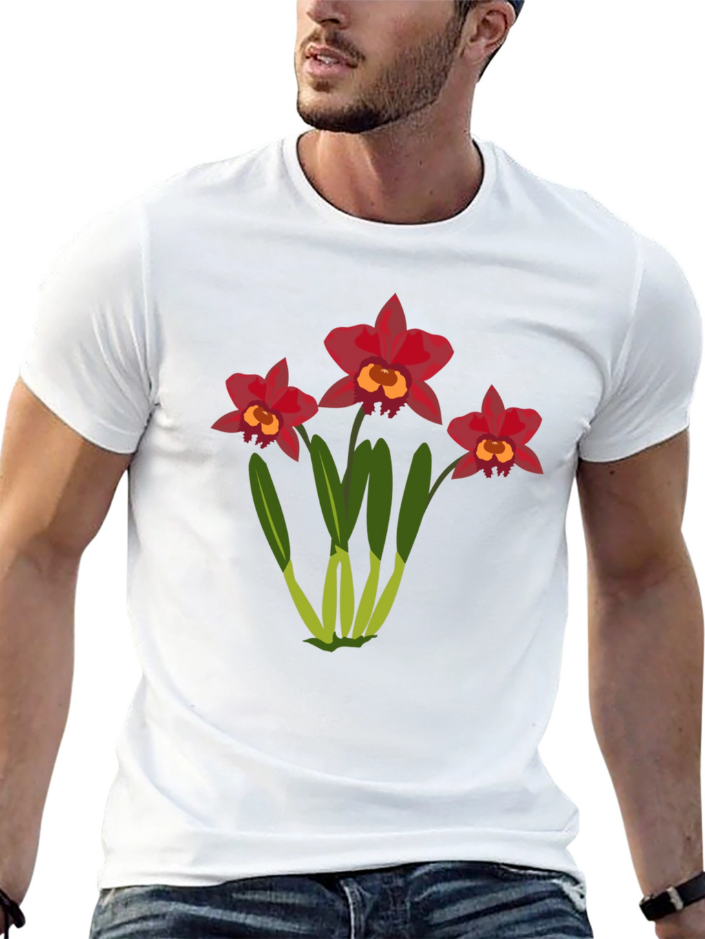 Floral T-Shirt: Red Orchid Design