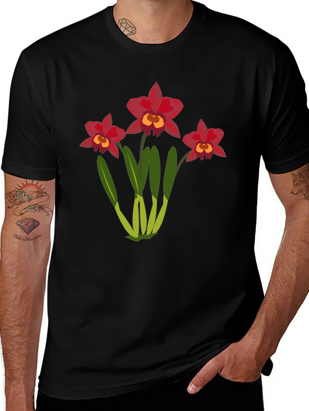 Floral T-Shirt: Red Orchid Design
