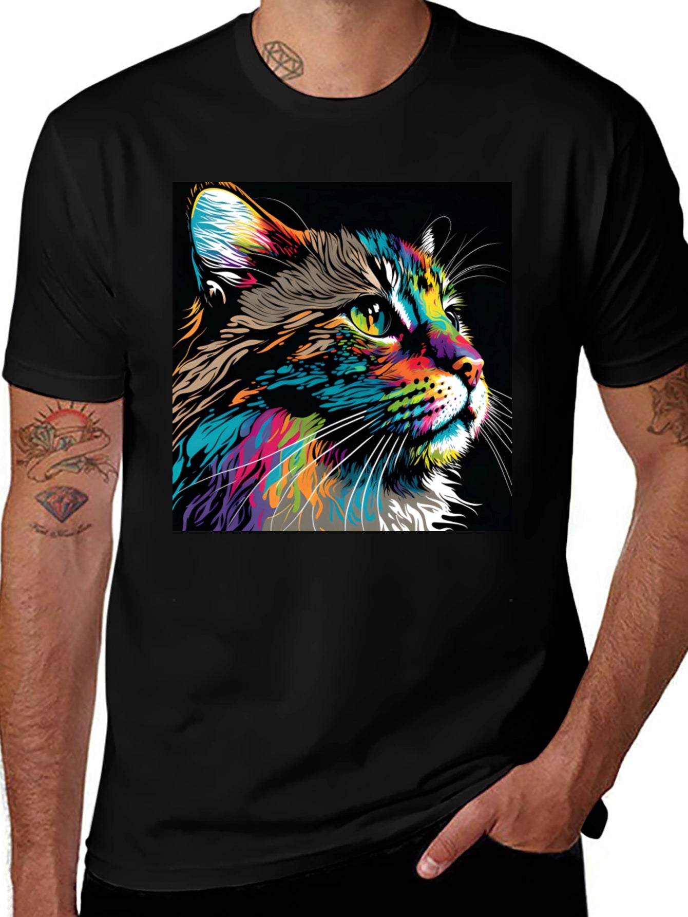 Vibrant Cat Graphic T-Shirt - Colorful Feline Art