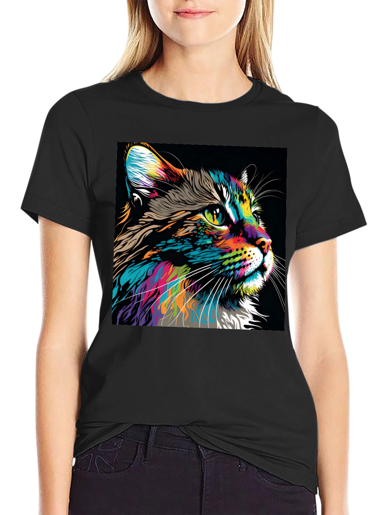 Vibrant Cat Graphic T-Shirt - Colorful Feline Art