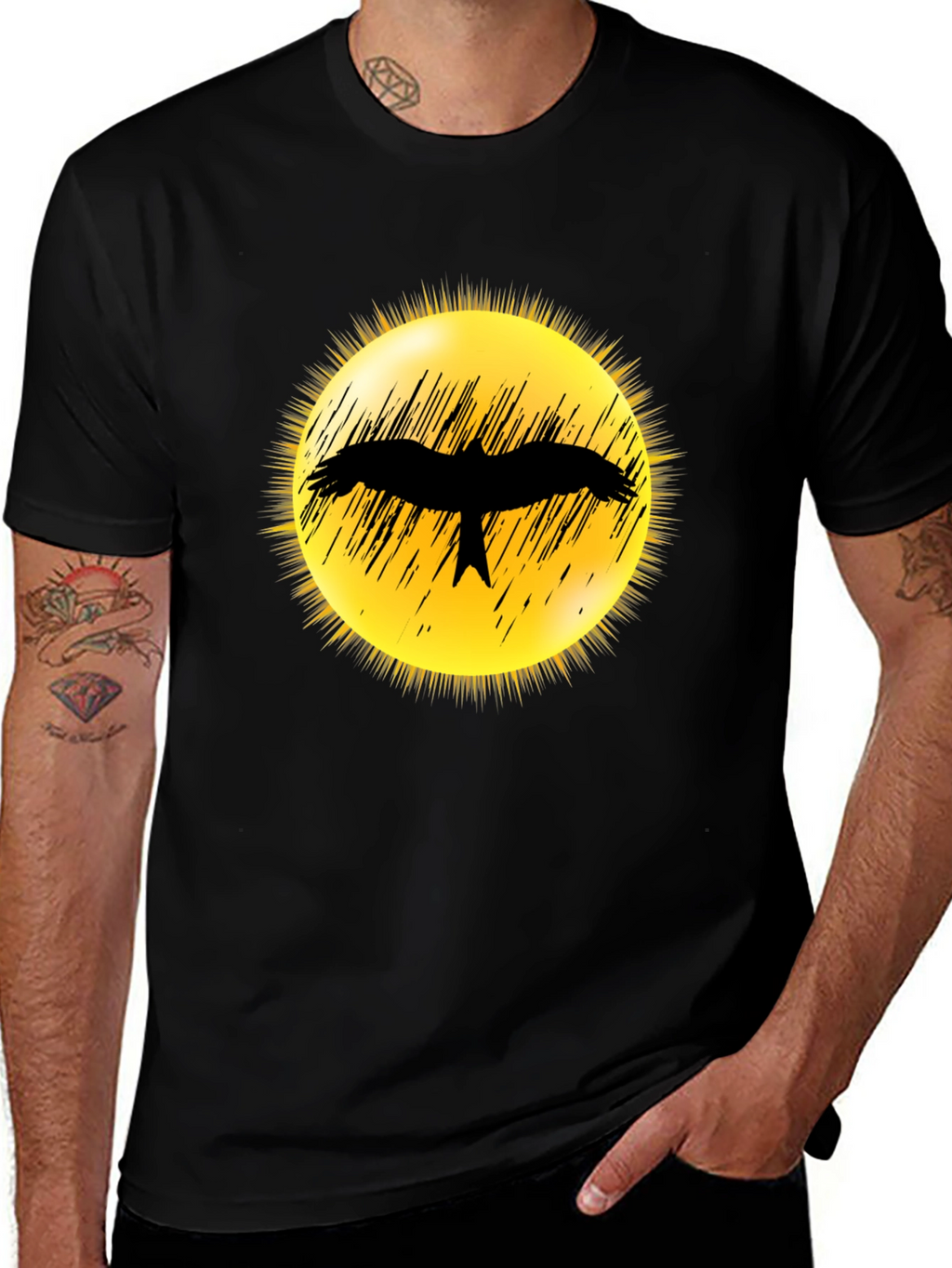 Black T-Shirt with Bird Silhouette Sun Design