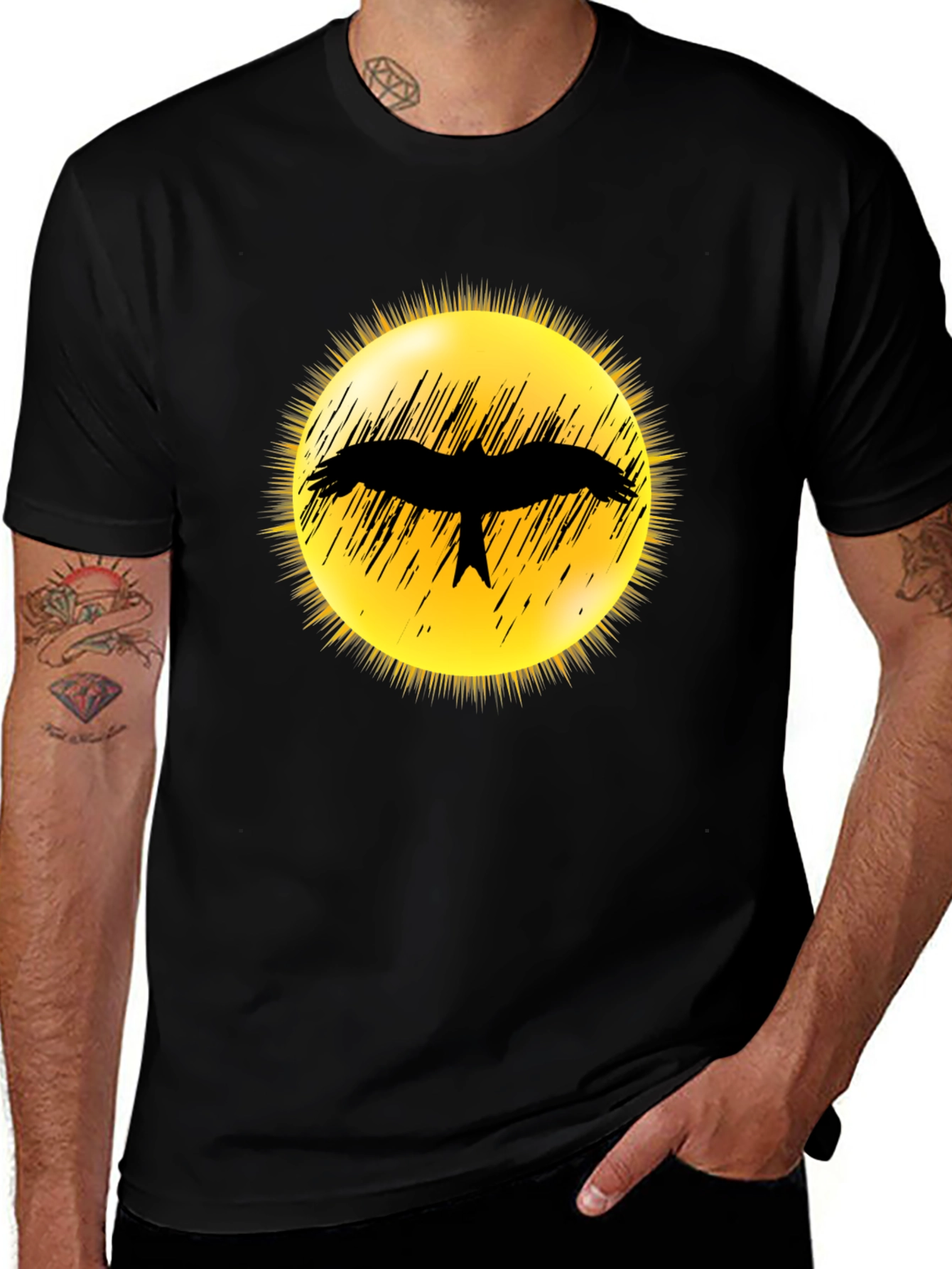 Black T-Shirt with Bird Silhouette Sun Design