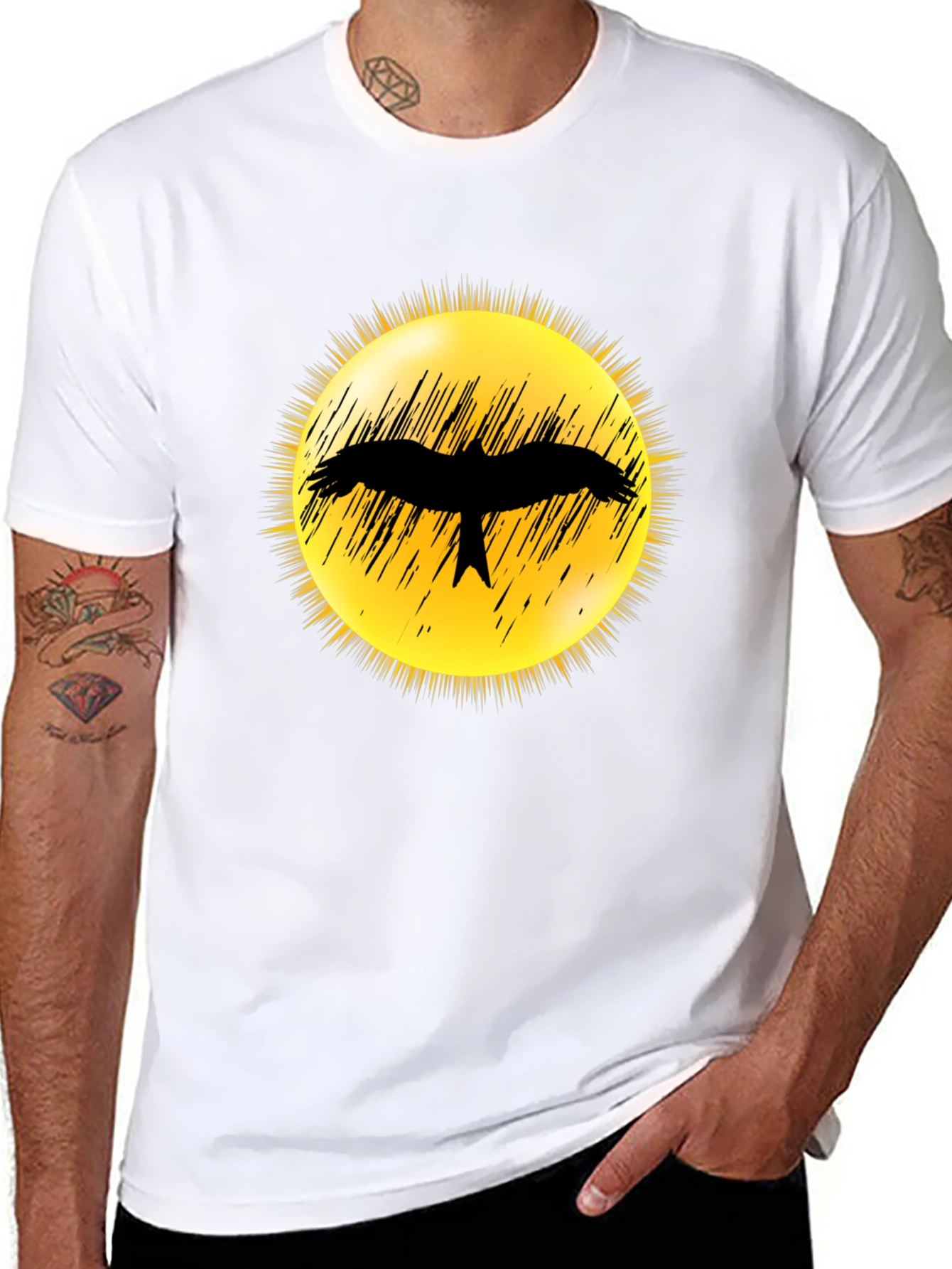 Black T-Shirt with Bird Silhouette Sun Design