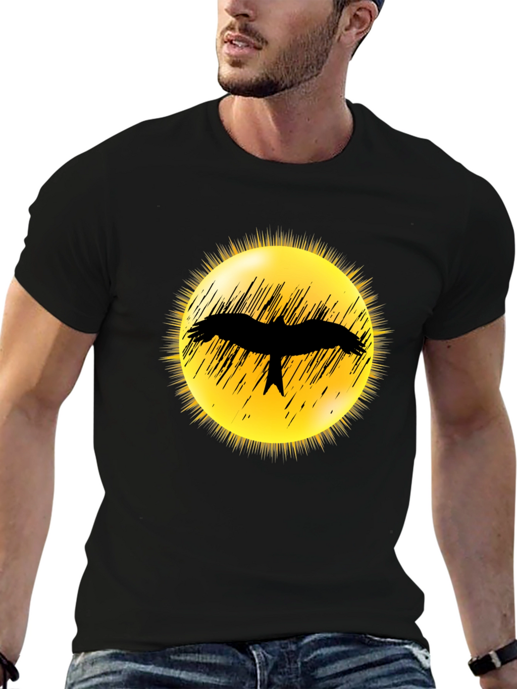 Black T-Shirt with Bird Silhouette Sun Design