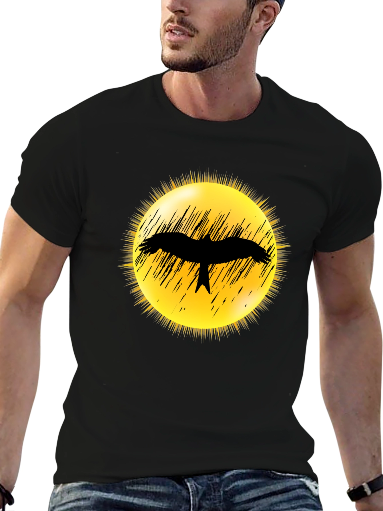 Black T-Shirt with Bird Silhouette Sun Design