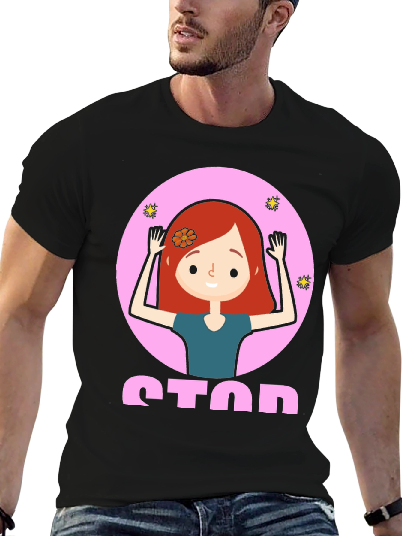 Cartoon Girl Stop Sign Graphic Tee - Unisex