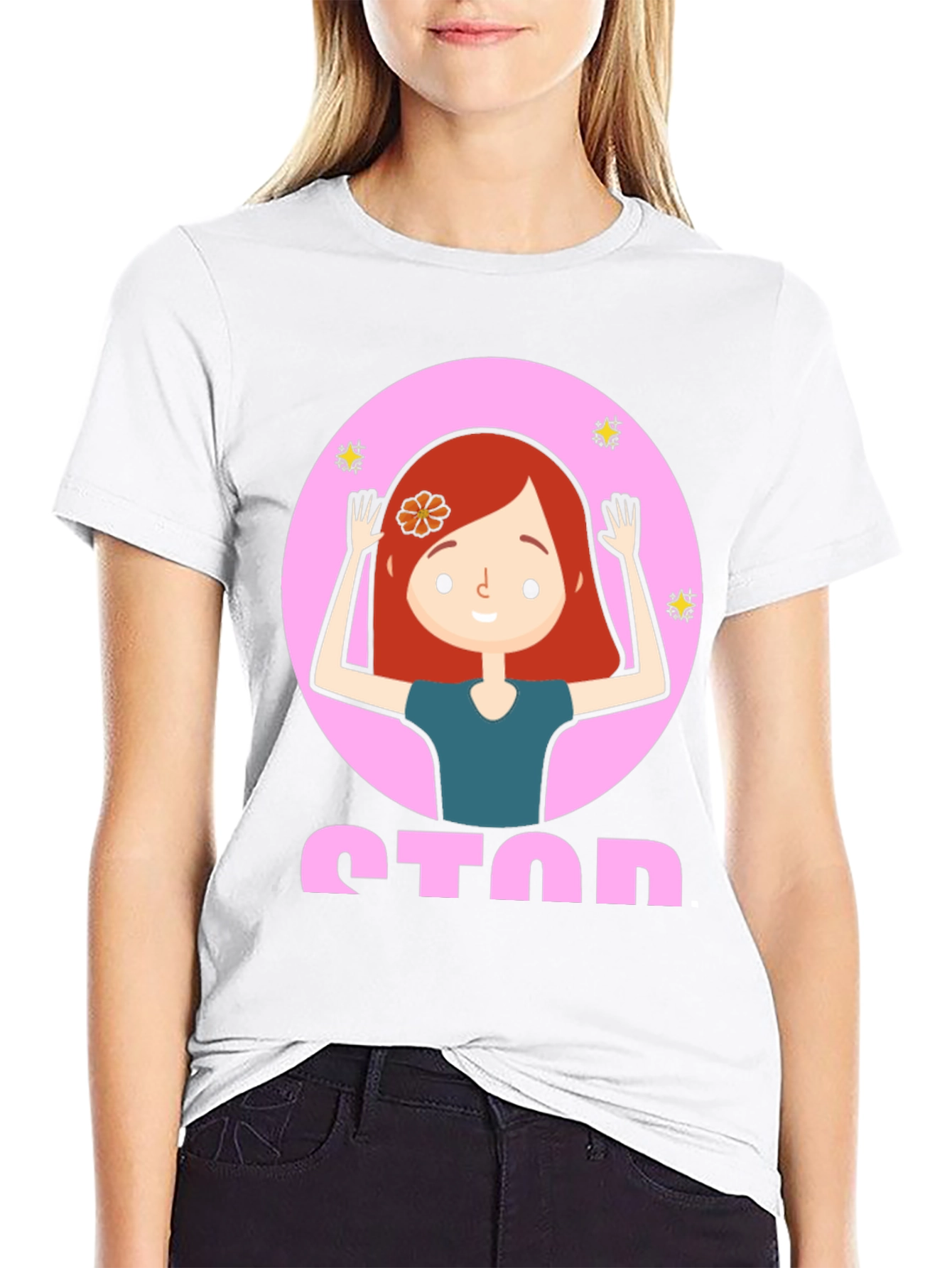 Cartoon Girl Stop Sign Graphic Tee - Unisex
