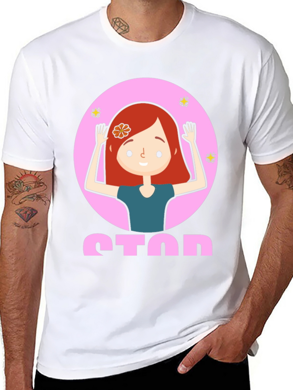 Cartoon Girl Stop Sign Graphic Tee - Unisex