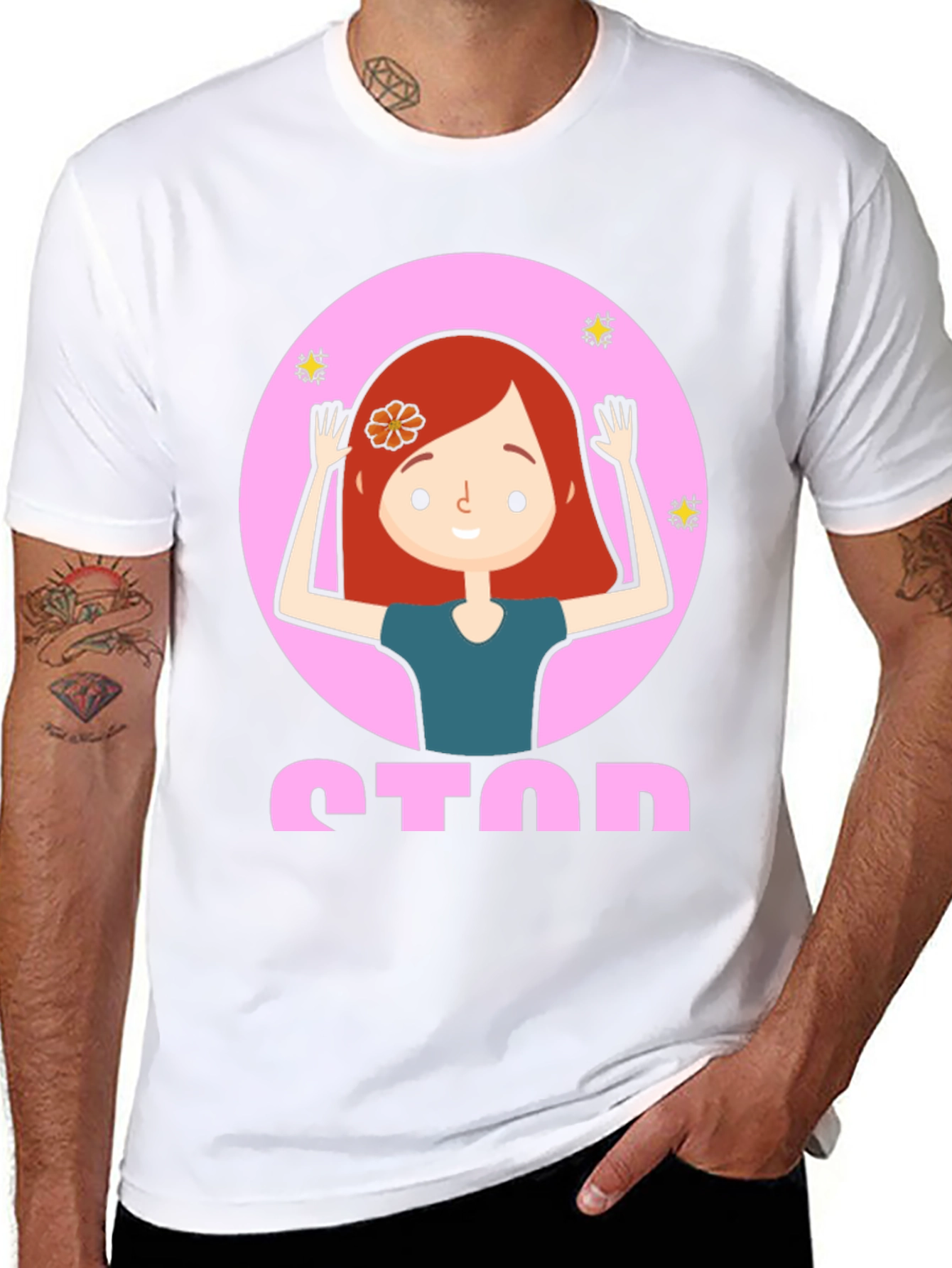 Cartoon Girl Stop Sign Graphic Tee - Unisex