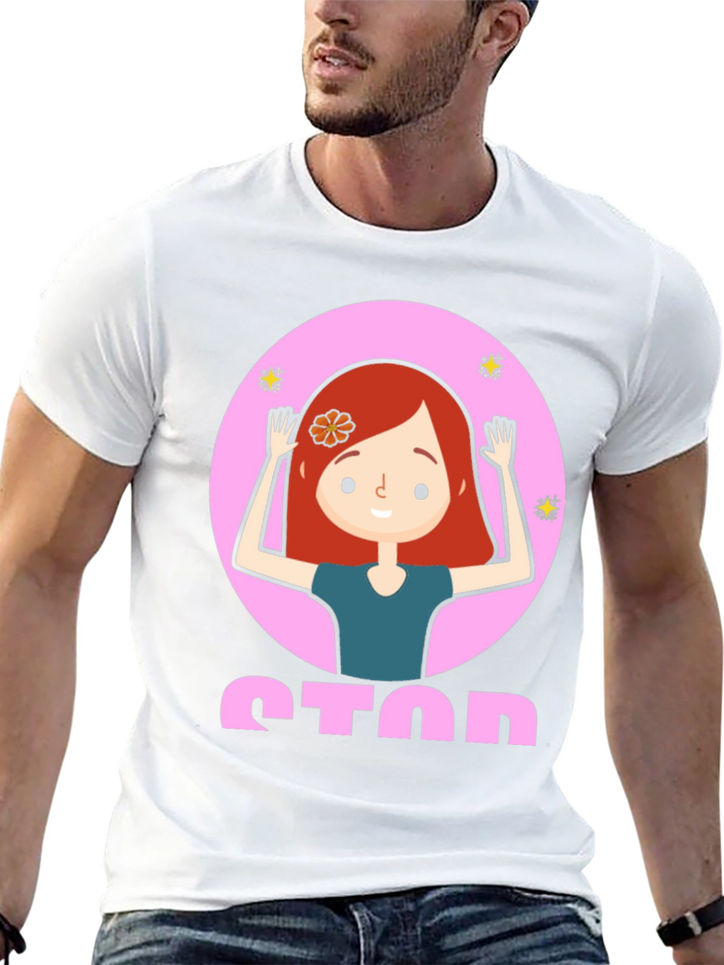 Cartoon Girl Stop Sign Graphic Tee - Unisex