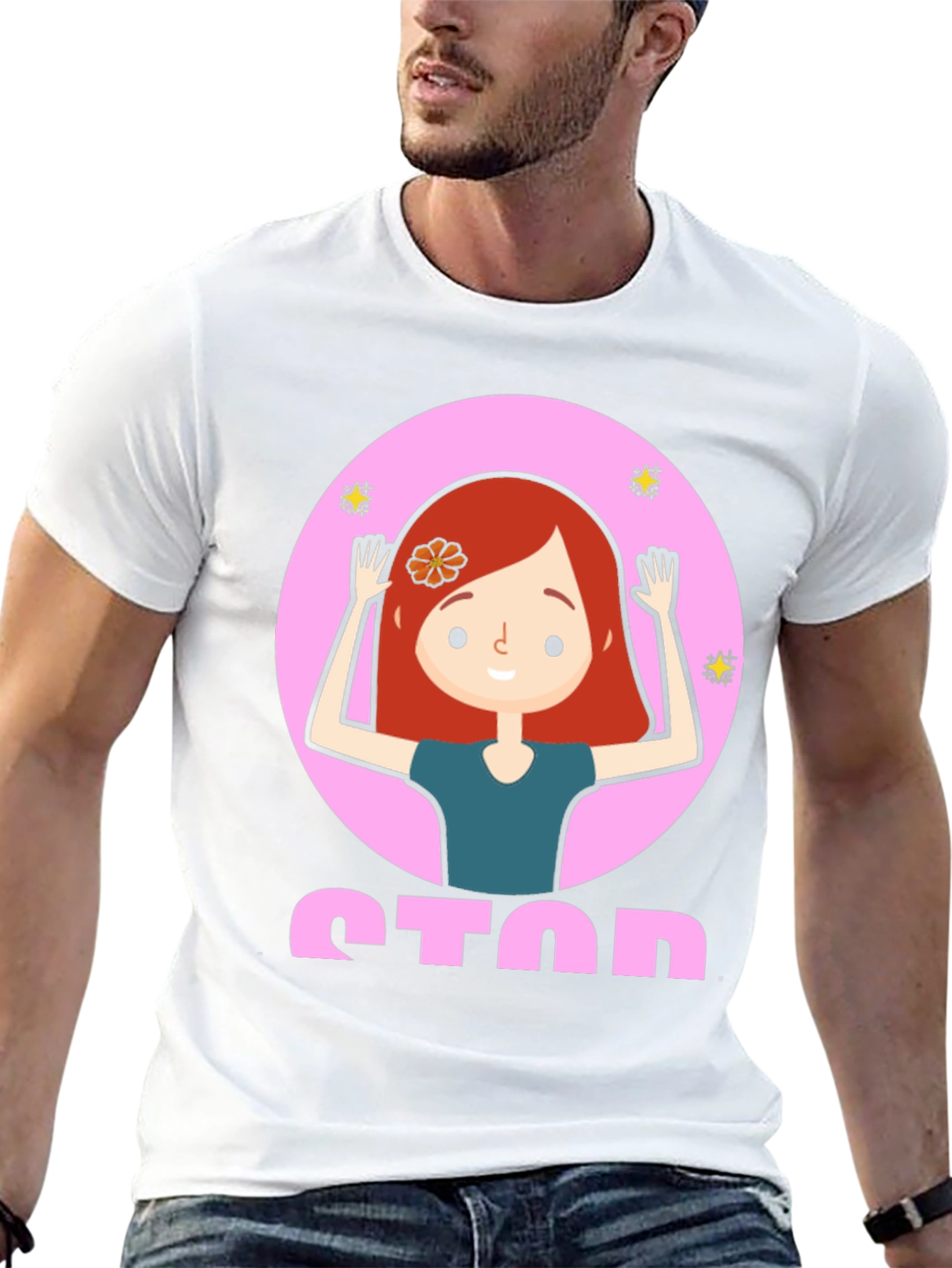 Cartoon Girl Stop Sign Graphic Tee - Unisex