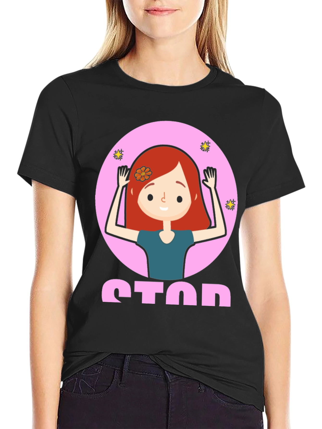 Cartoon Girl Stop Sign Graphic Tee - Unisex