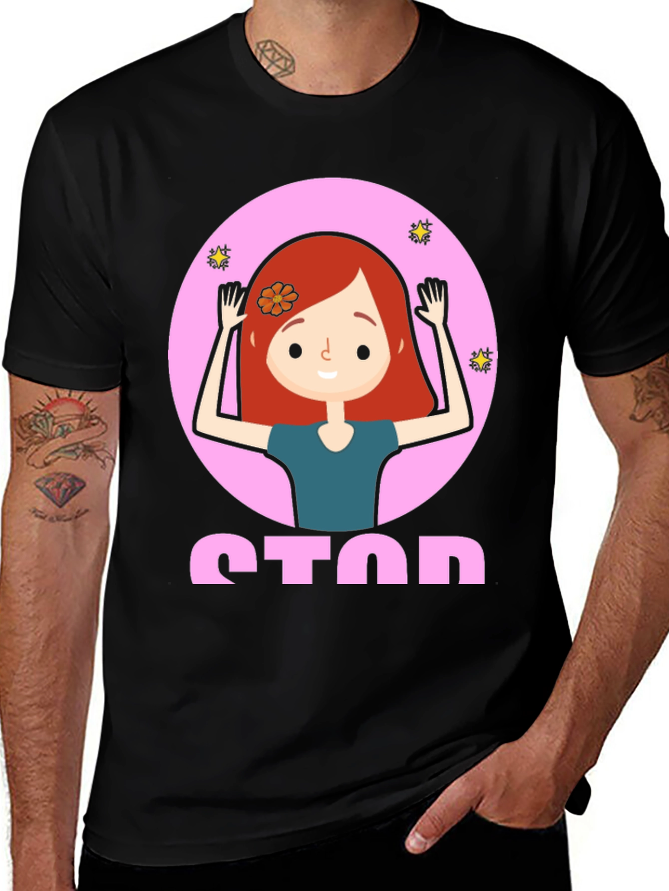 Cartoon Girl Stop Sign Graphic Tee - Unisex