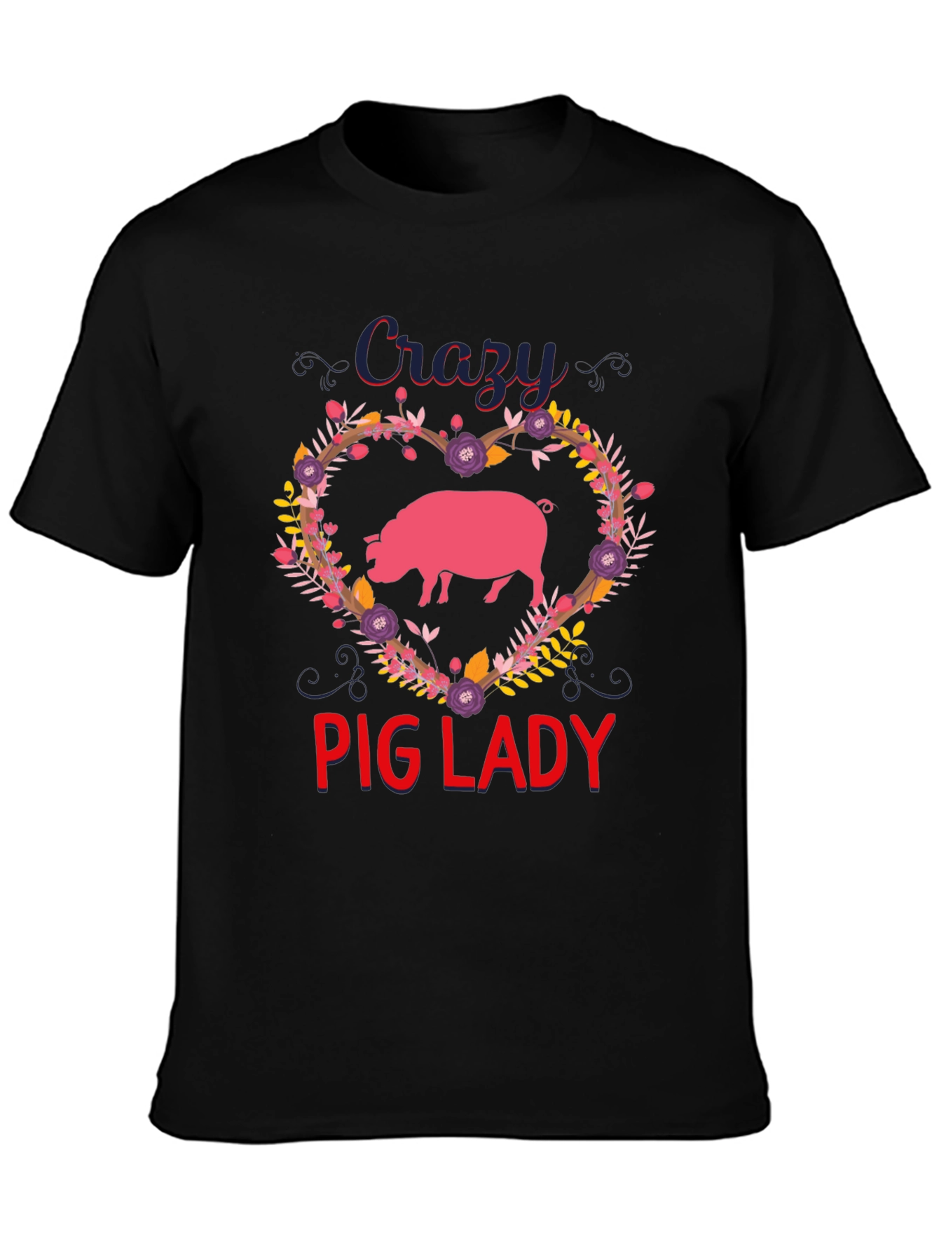 Crazy Pig Lady Graphic Tee - Heart Floral Pig Lover Shirt