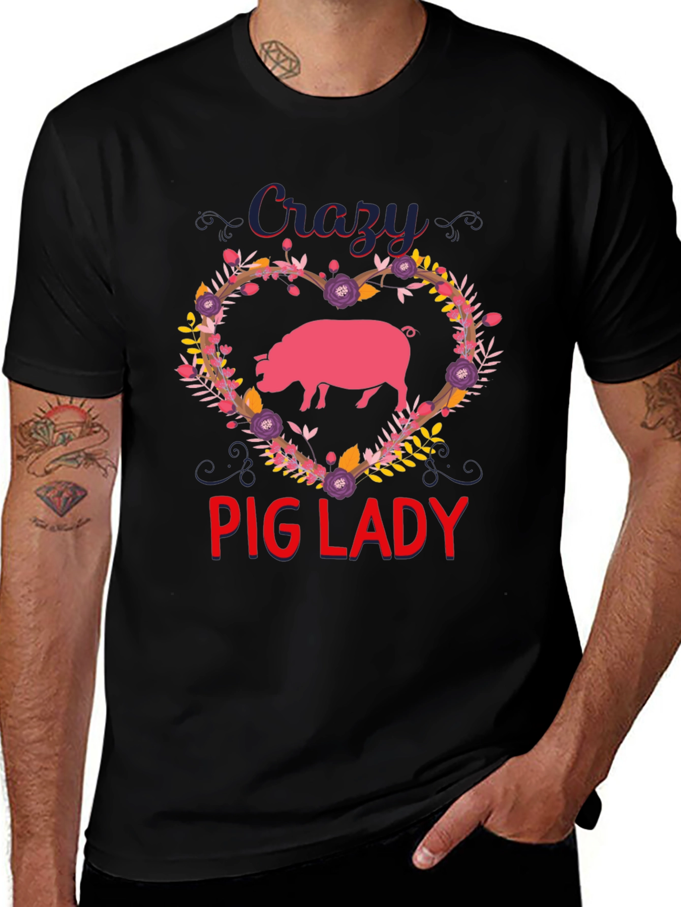 Crazy Pig Lady Graphic Tee - Heart Floral Pig Lover Shirt