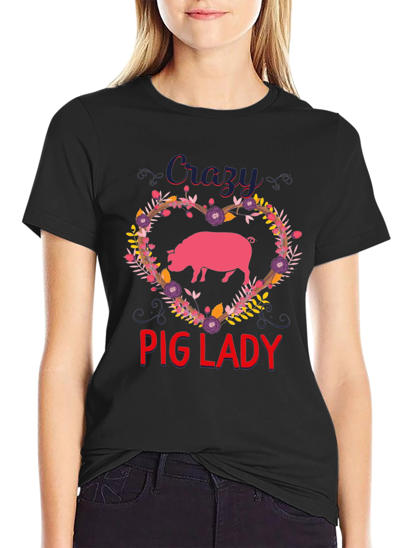 Crazy Pig Lady Graphic Tee - Heart Floral Pig Lover Shirt
