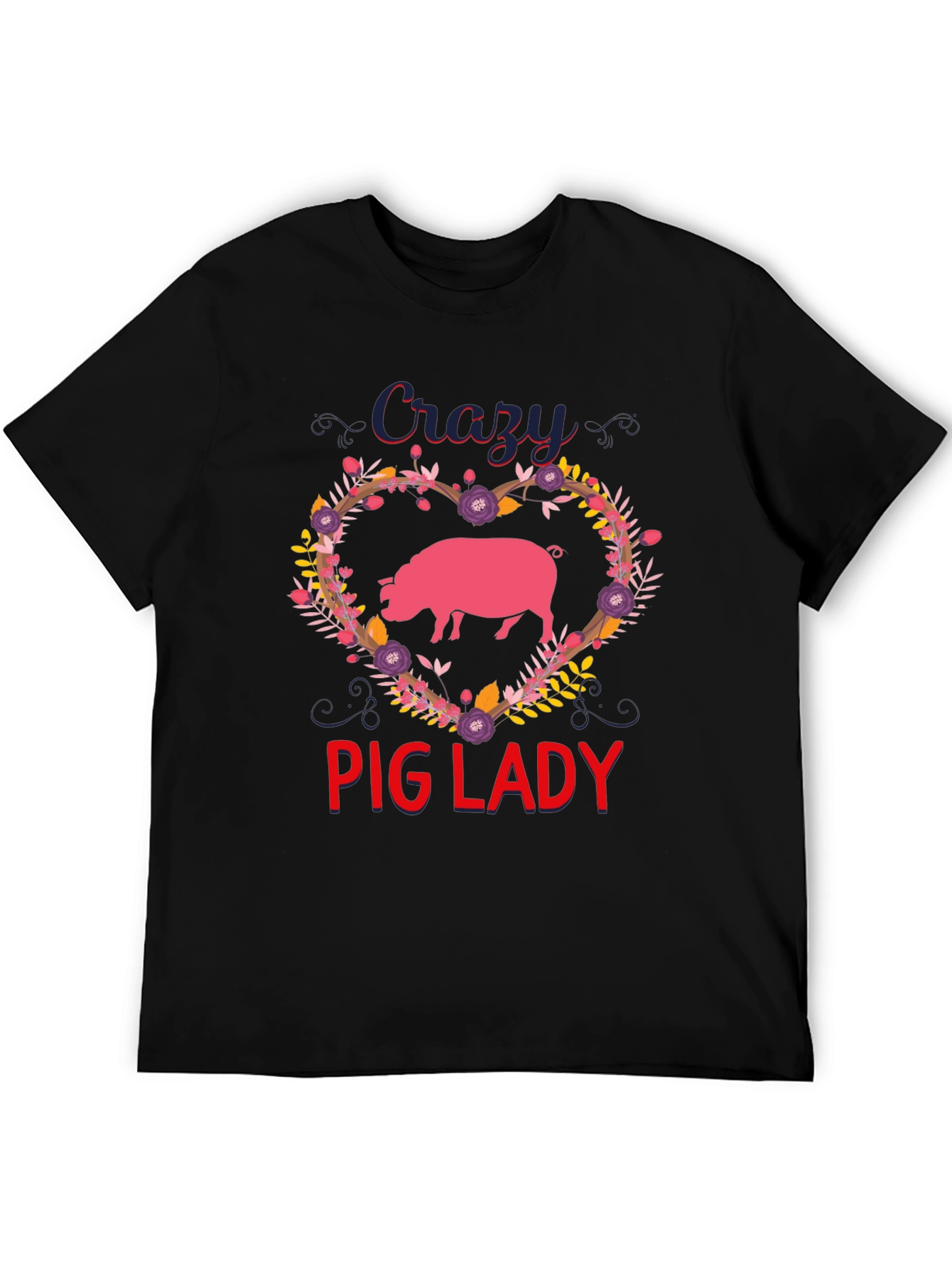 Crazy Pig Lady Graphic Tee - Heart Floral Pig Lover Shirt