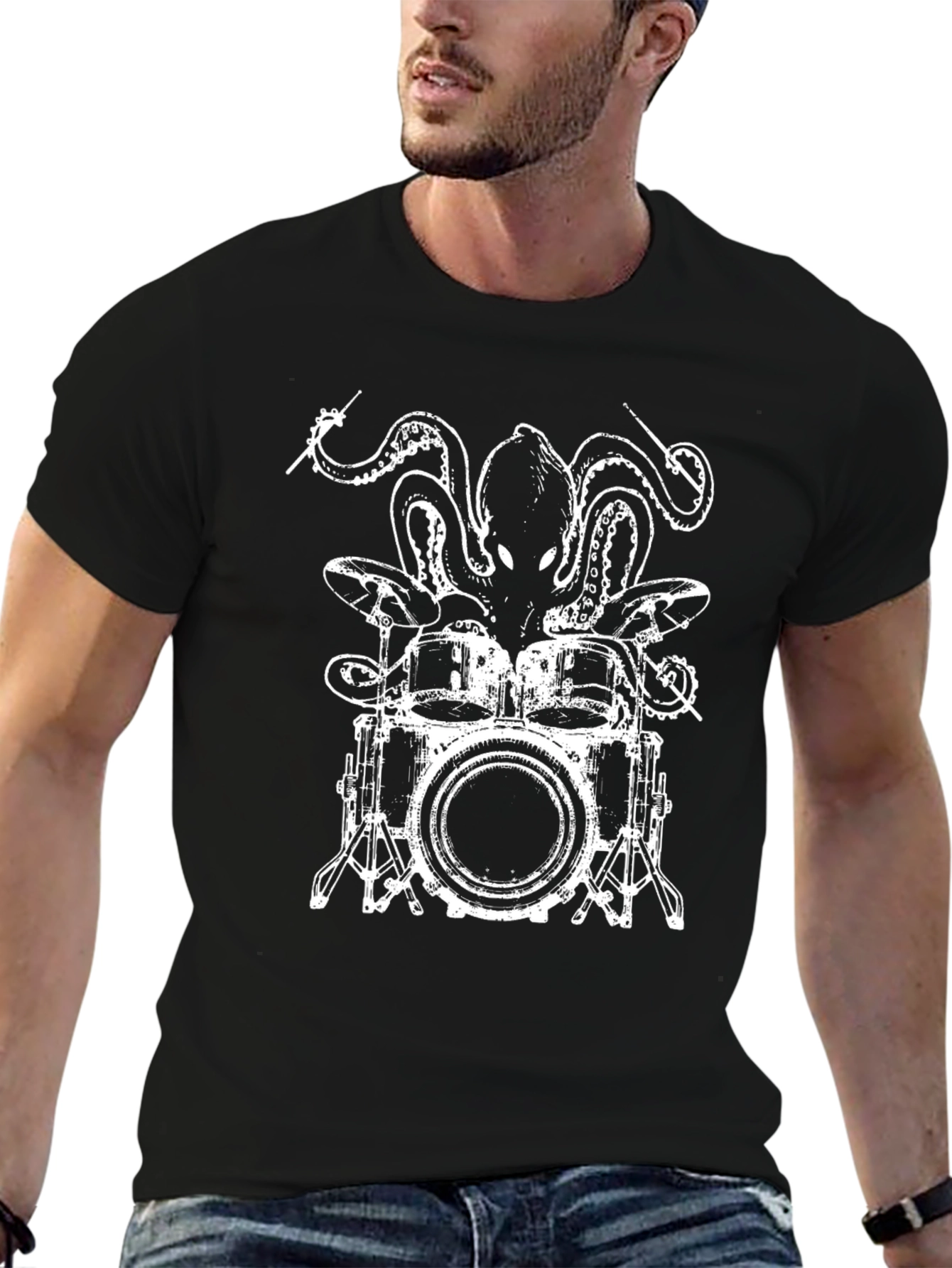 Octopus Drummer Black T-Shirt - Unique Graphic Tee