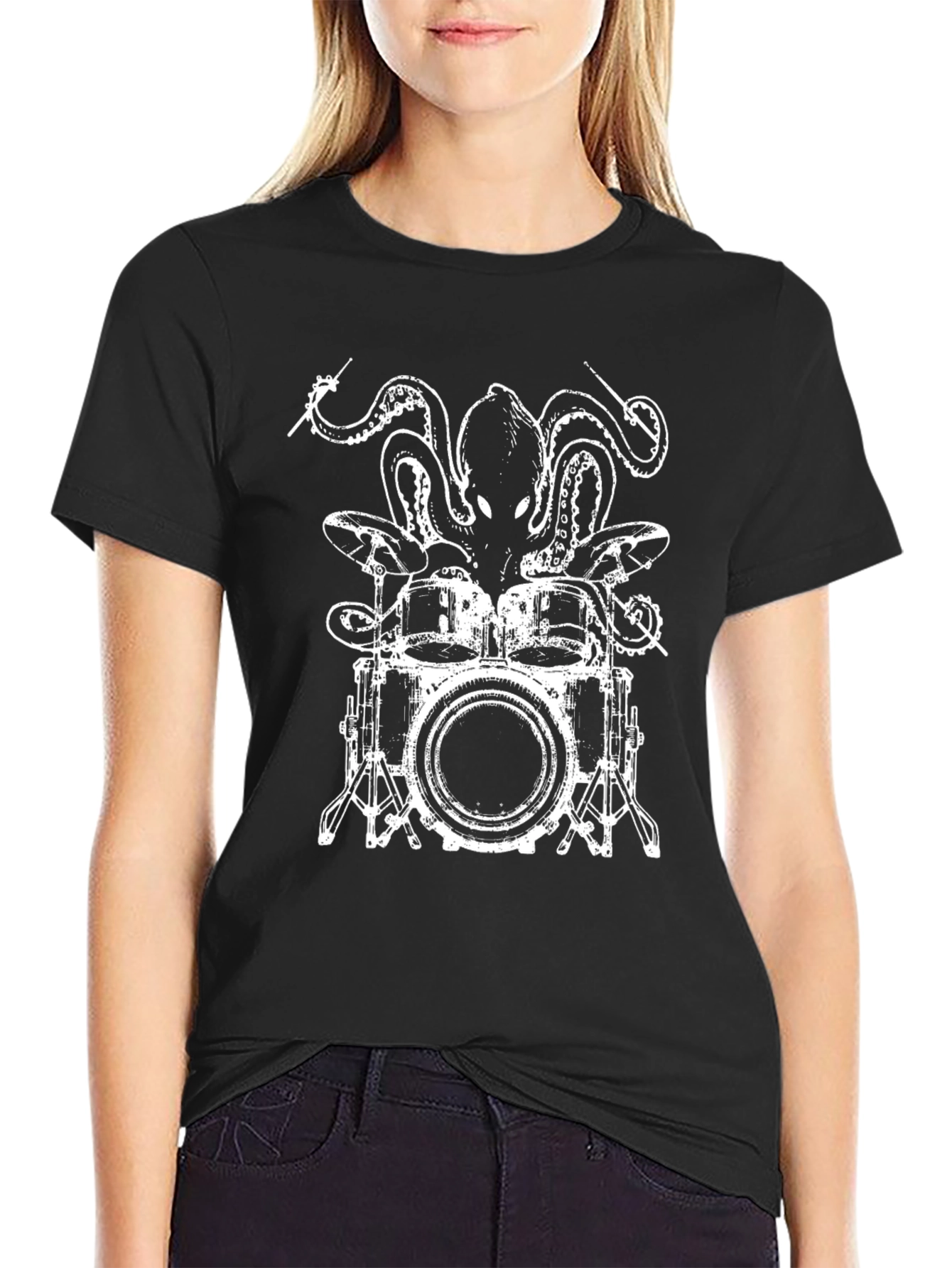 Octopus Drummer Black T-Shirt - Unique Graphic Tee