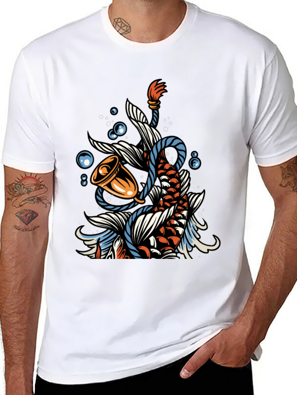 Koi Fish Bell Graphic Tee - Black Cotton T-Shirt
