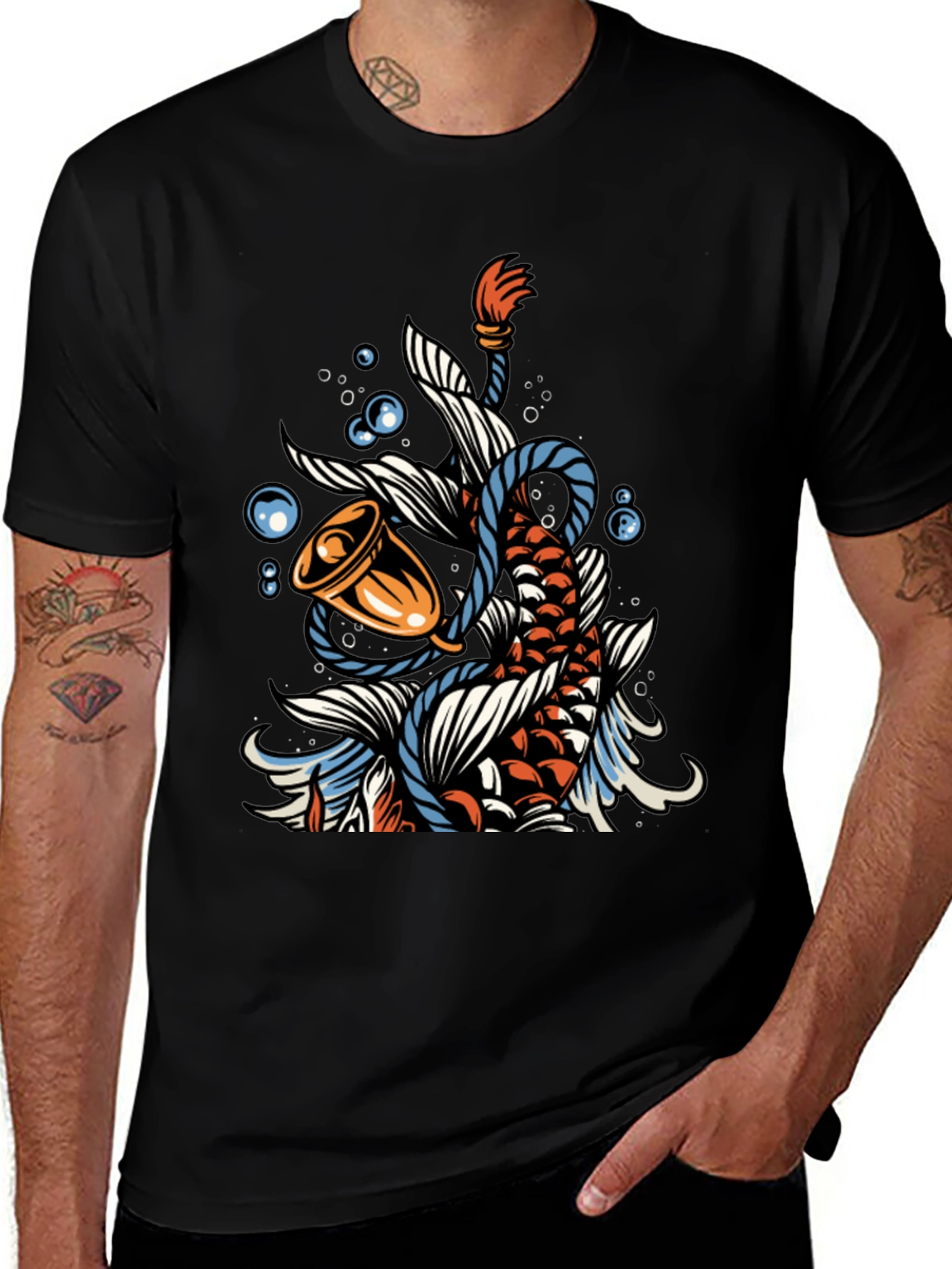 Koi Fish Bell Graphic Tee - Black Cotton T-Shirt