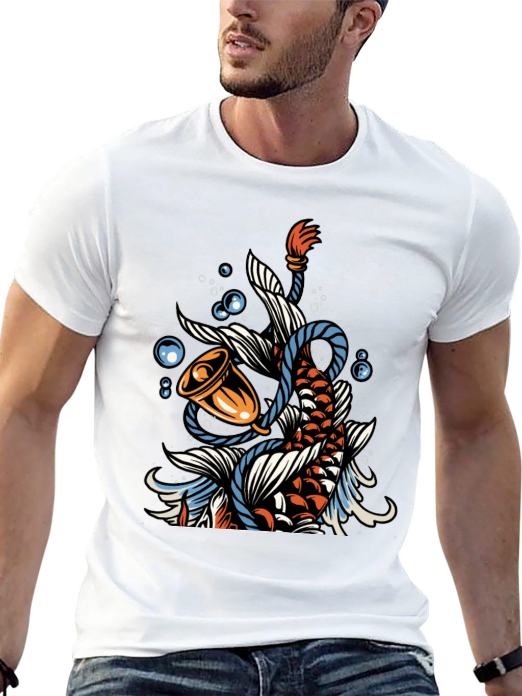 Koi Fish Bell Graphic Tee - Black Cotton T-Shirt