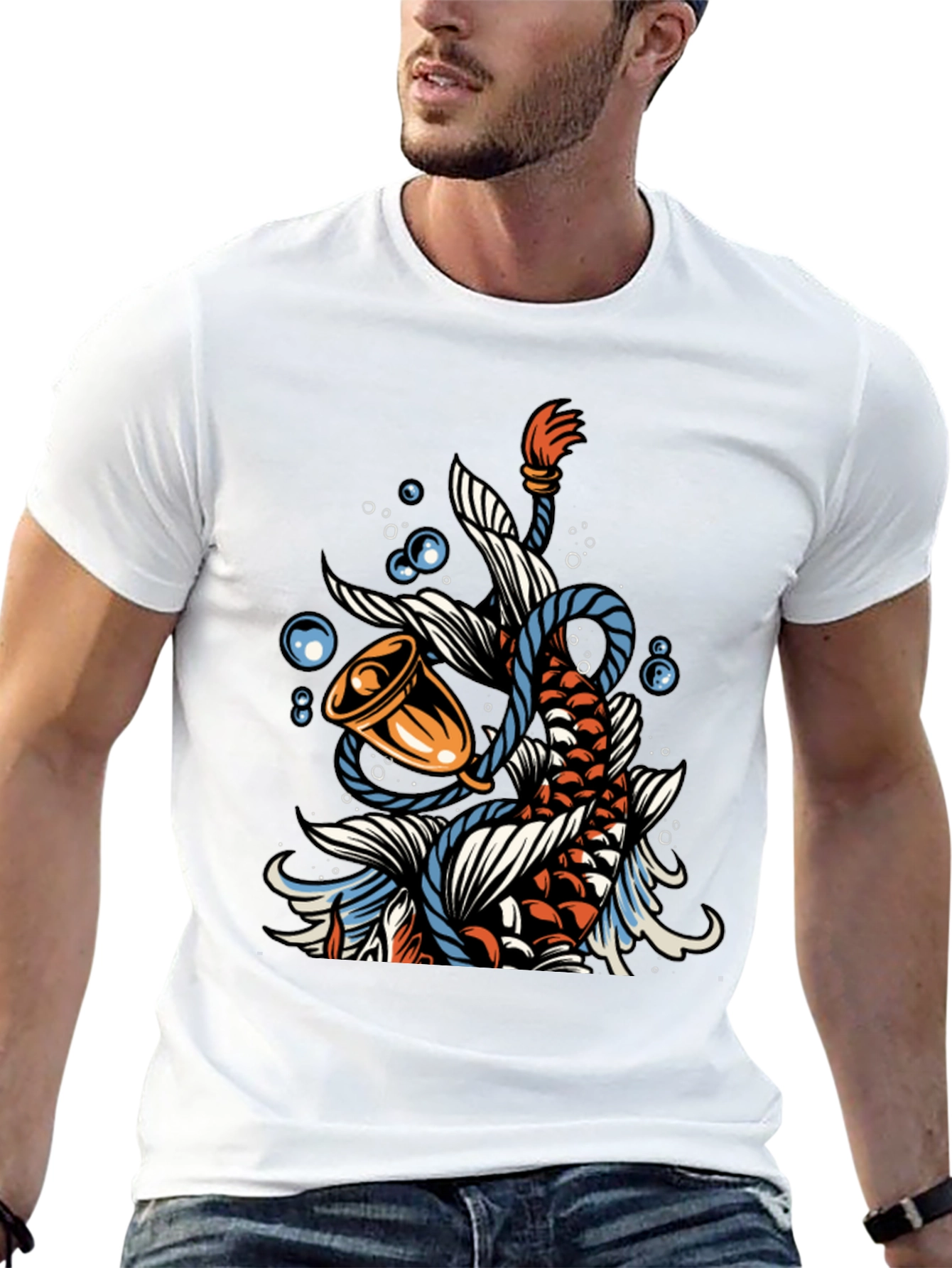 Koi Fish Bell Graphic Tee - Black Cotton T-Shirt