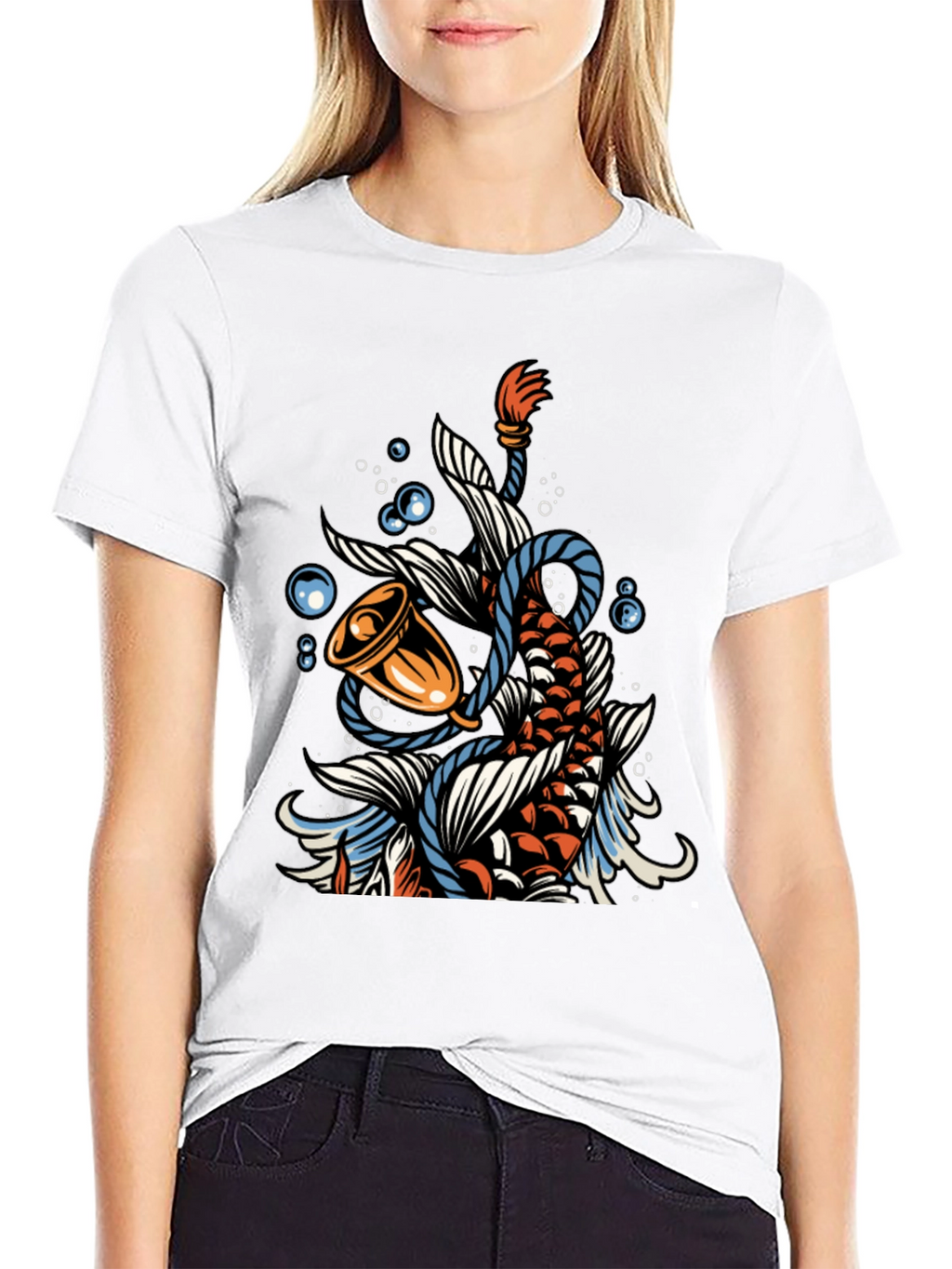 Koi Fish Bell Graphic Tee - Black Cotton T-Shirt