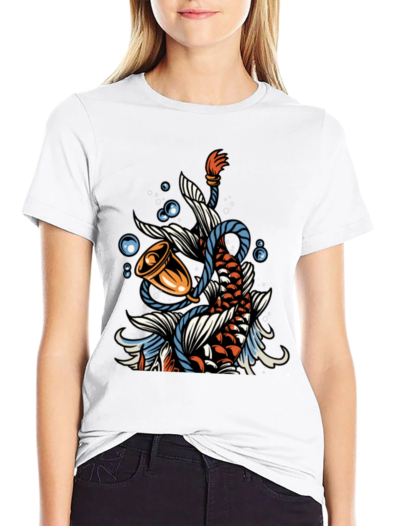 Koi Fish Bell Graphic Tee - Black Cotton T-Shirt