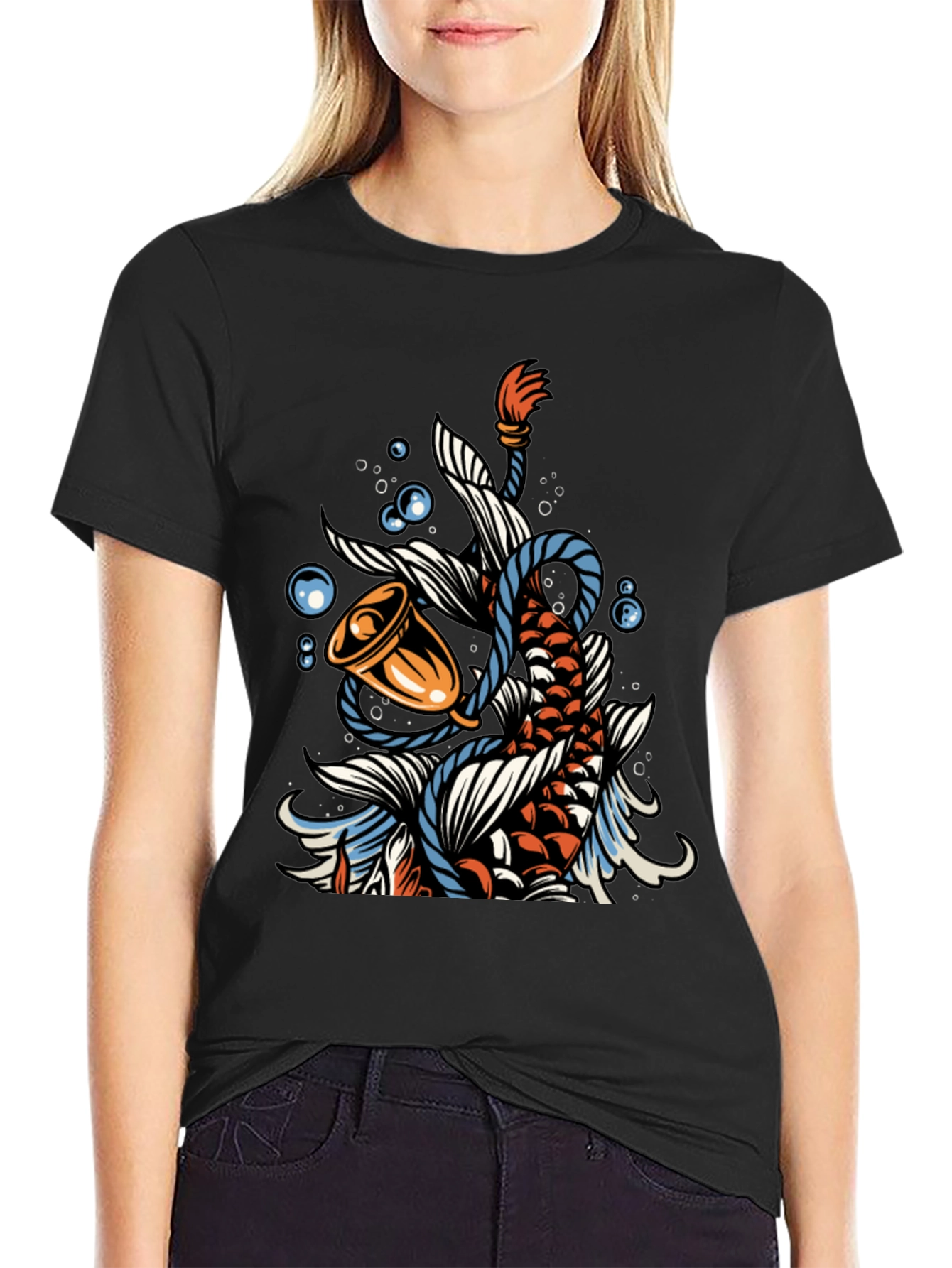 Koi Fish Bell Graphic Tee - Black Cotton T-Shirt