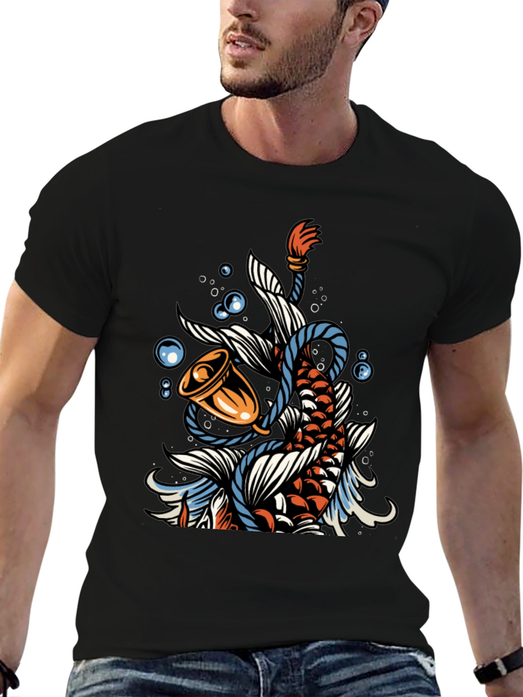Koi Fish Bell Graphic Tee - Black Cotton T-Shirt