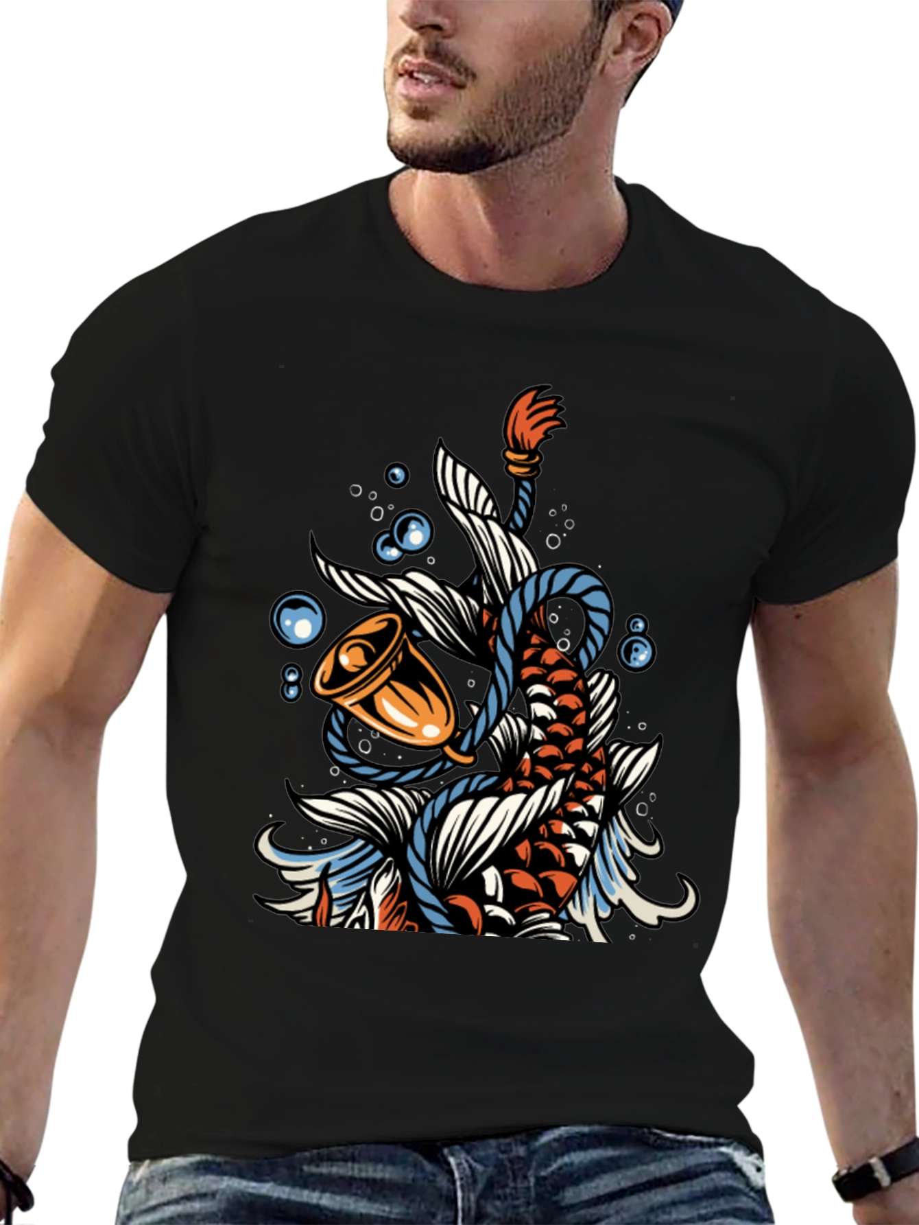 Koi Fish Bell Graphic Tee - Black Cotton T-Shirt