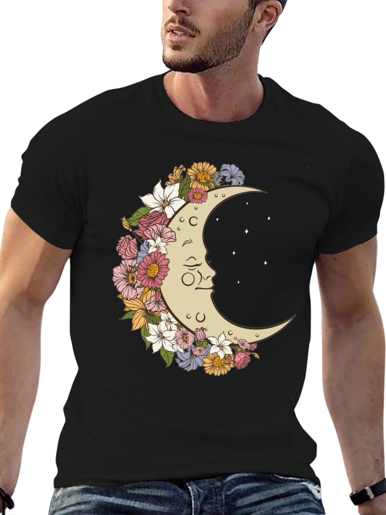 Floral Moon Graphic T-Shirt - Unisex Black Tee